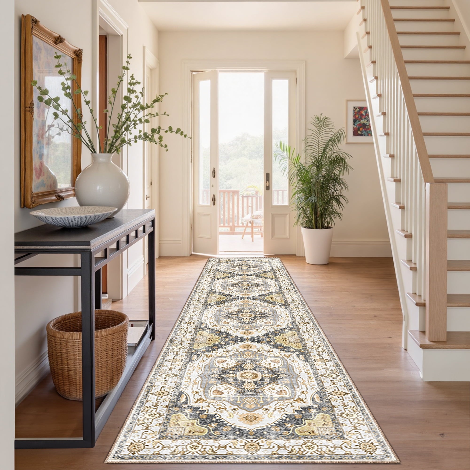 2'x10' Area Rug, Machine Washable Vintage Tribal Low Pile Indoor Carpet, Stain Resistant Non-Slip No-Shedding Soft Runner Rugs for Hallway, Gray & Yellow