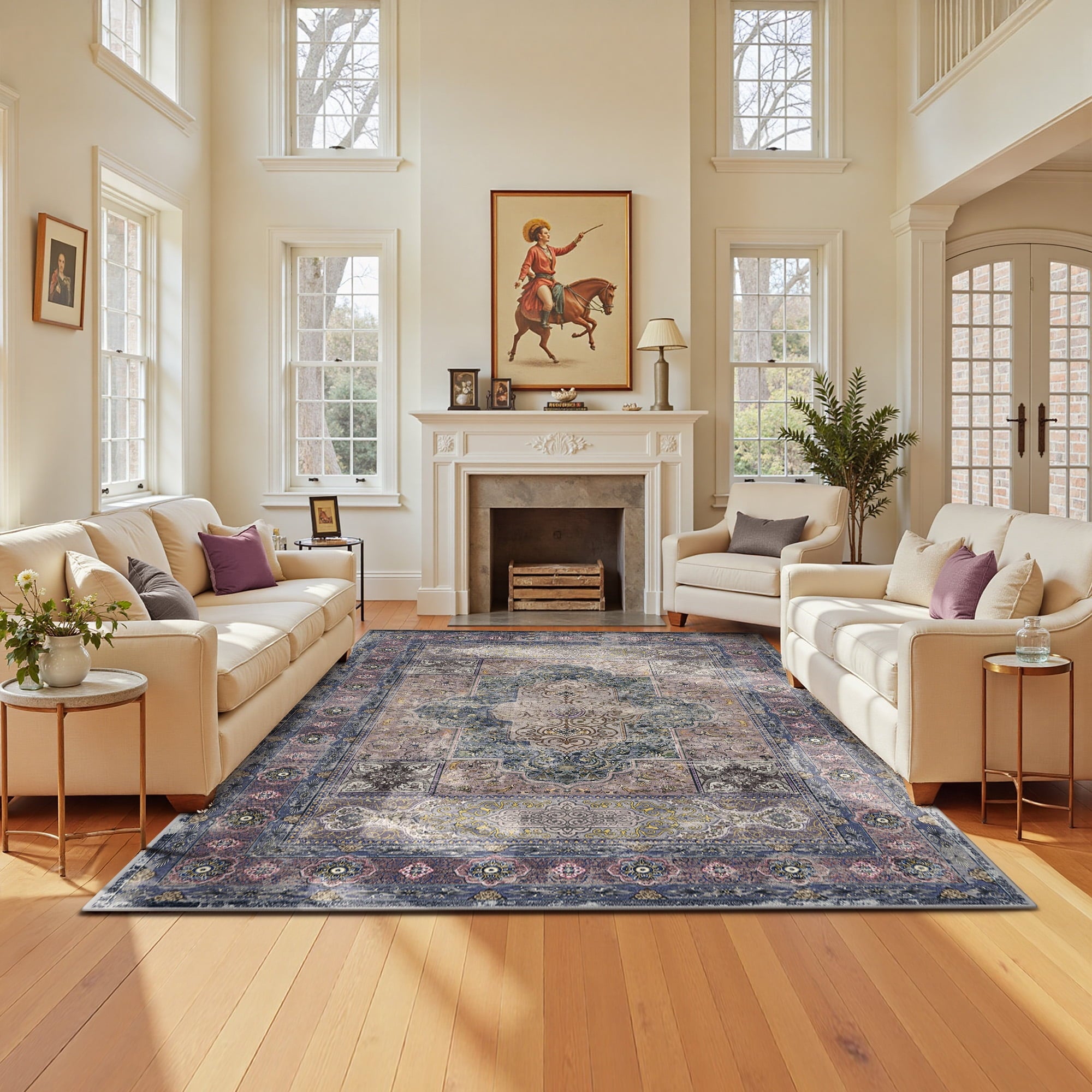 5'x7' Area Rugs for Living Room, Machine Washable No-Pile Non-Slip Soft Vintage Rugs, Indoor Print Bohemian Distressed Carpet, Purple