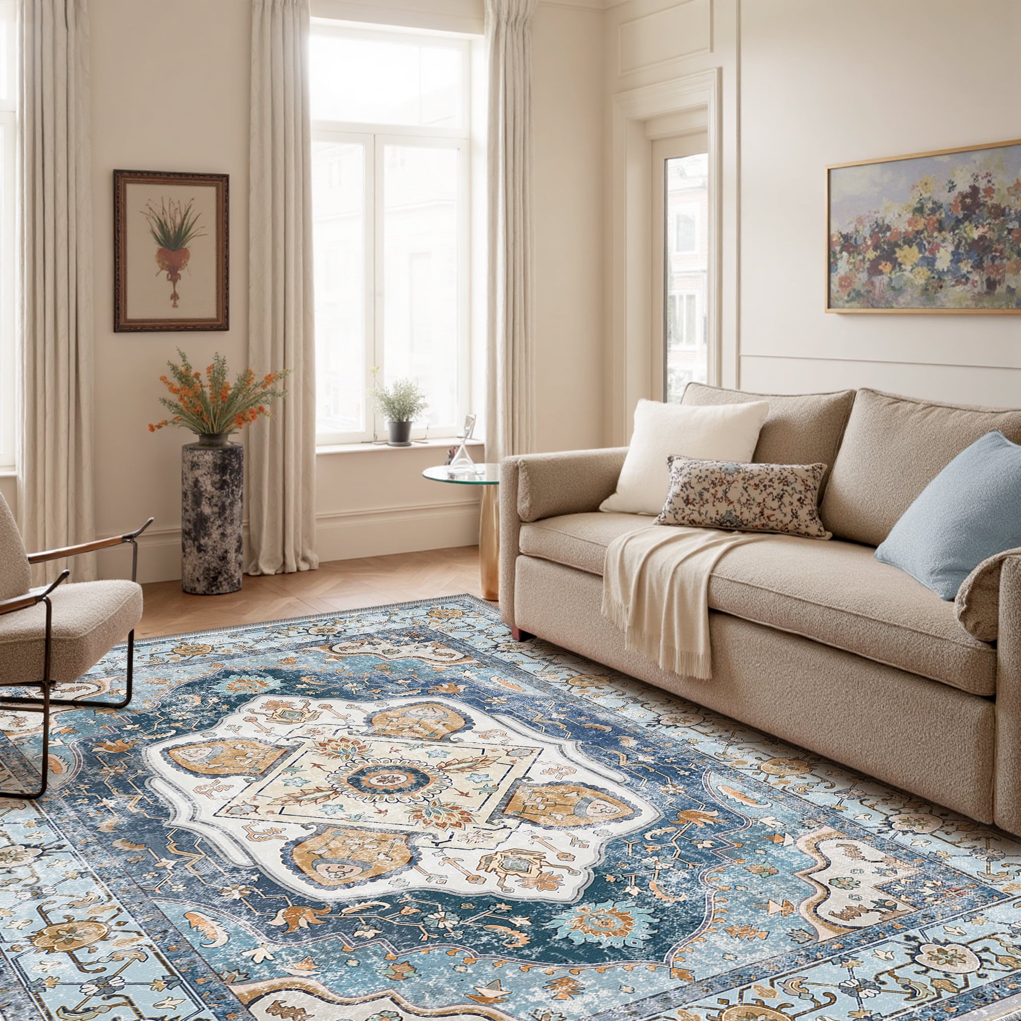 6'x9' Area Rug, Machine Washable Vintage Tribal Low Pile Indoor Carpet, Stain Resistant Non-Slip No-Shedding Soft Area Rugs for Living Room, Sky Blue