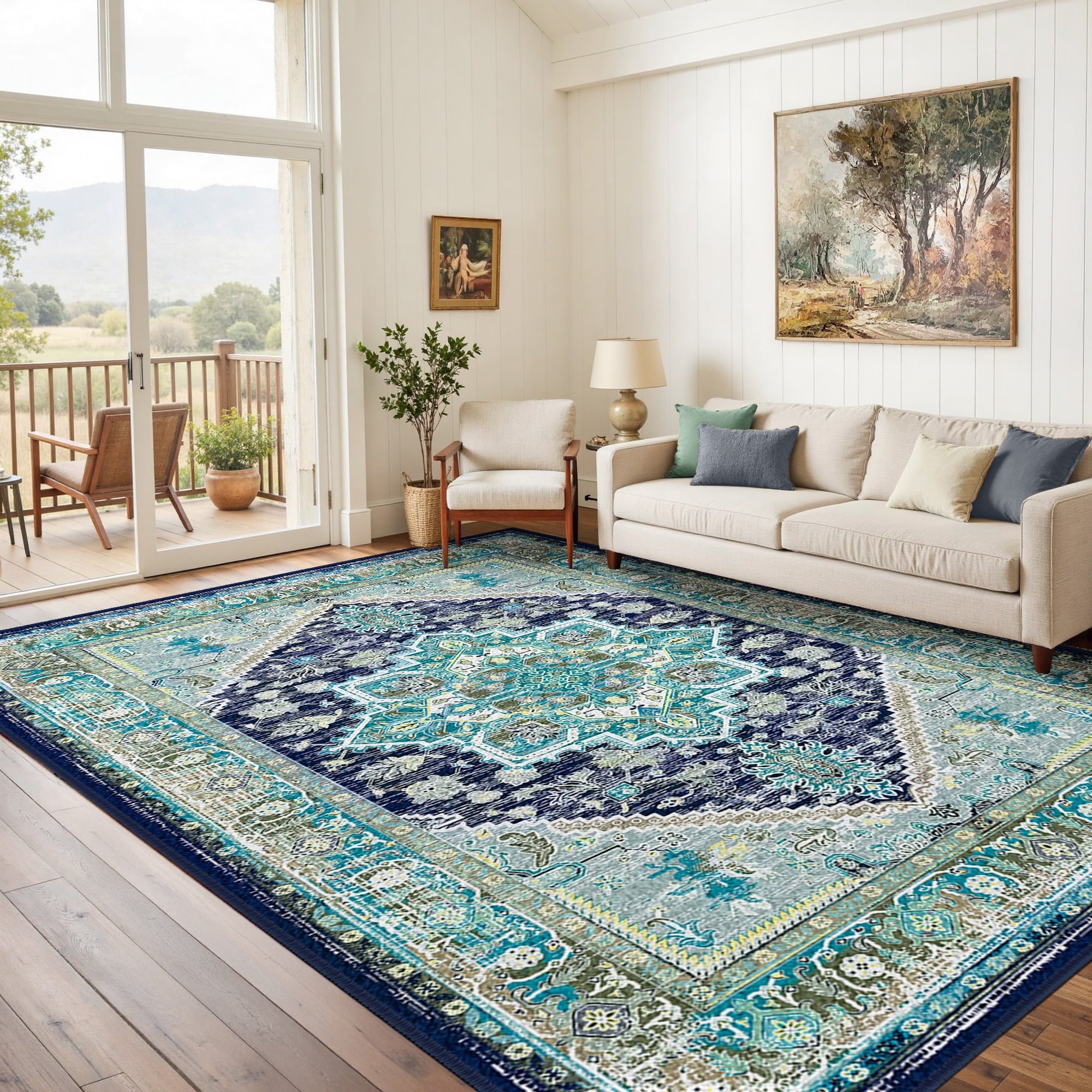 Area Rug 6'x9' Washable, Non Slip Stain Resistant Low Pile Soft Carpet, Vintage Print Pattern Rug for Living Room, Blue & Green