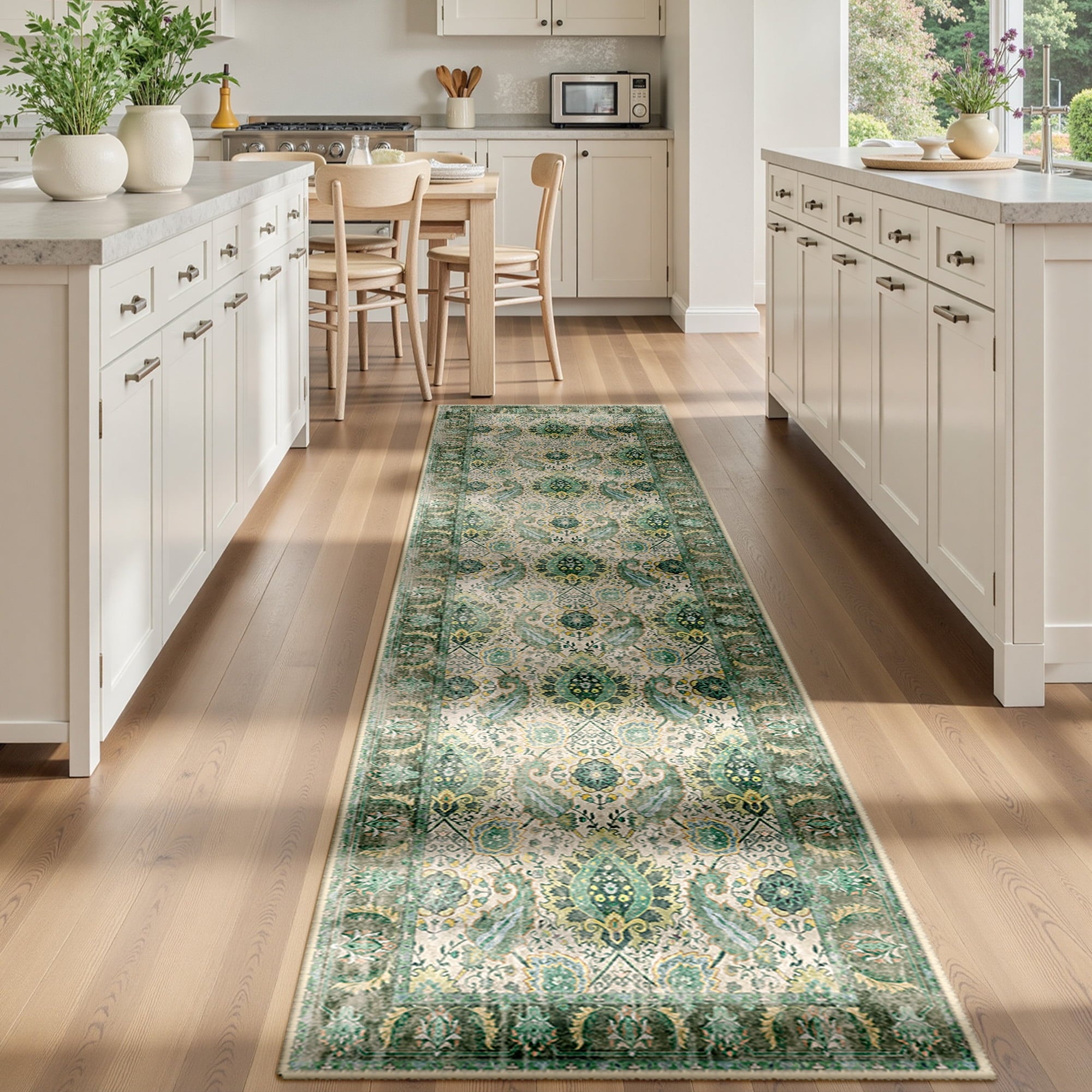 Boho Runner Rug 2'x10', Machine Washable Non-Slip Vintage Bohemian Carpet, Indoor Soft Stain Resistant Low Pile Rug for Hallway, Light Green