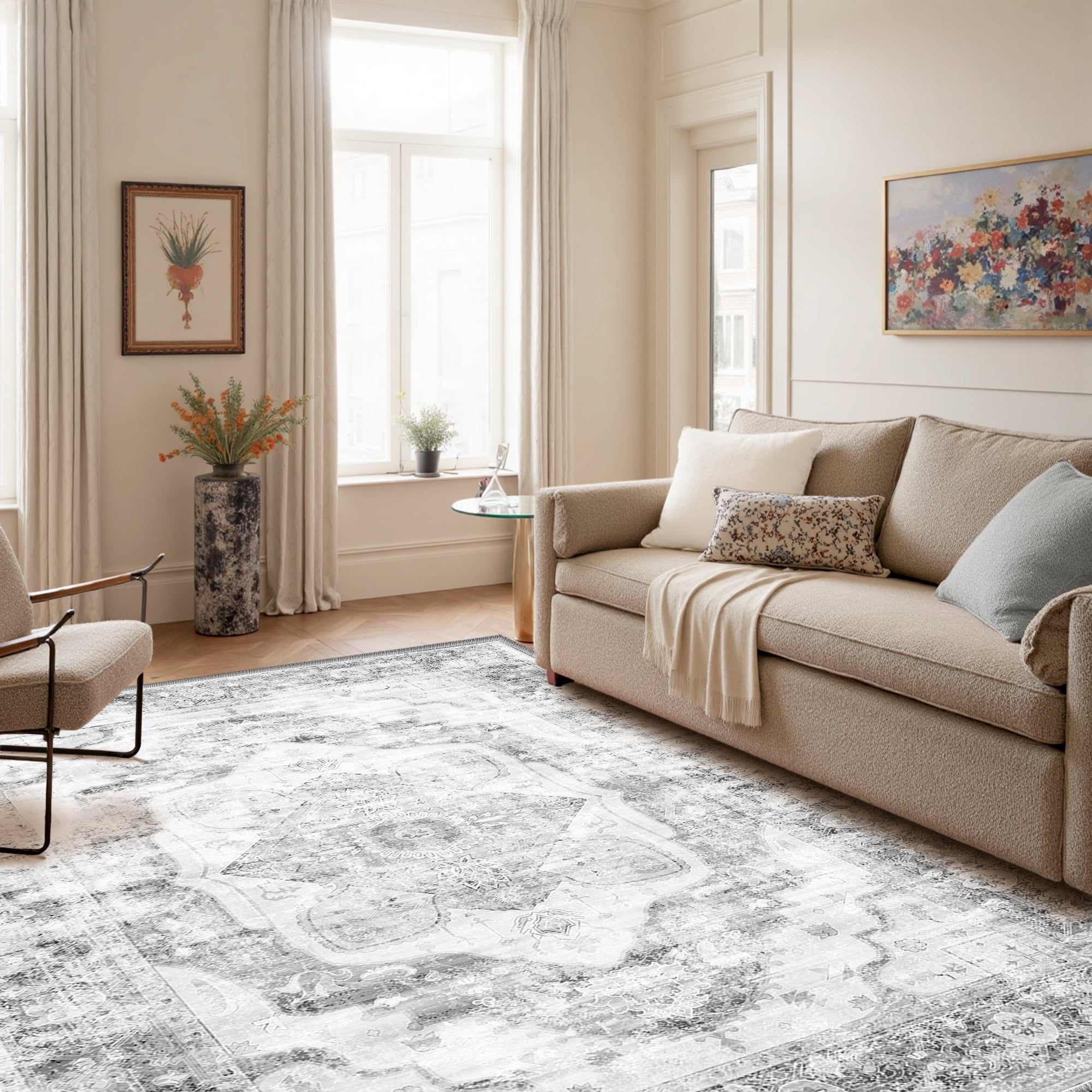 6'x9' Area Rug, Machine Washable Vintage Tribal Low Pile Indoor Carpet, Stain Resistant Non-Slip No-Shedding Soft Area Rugs for Living Room, Gray & Black