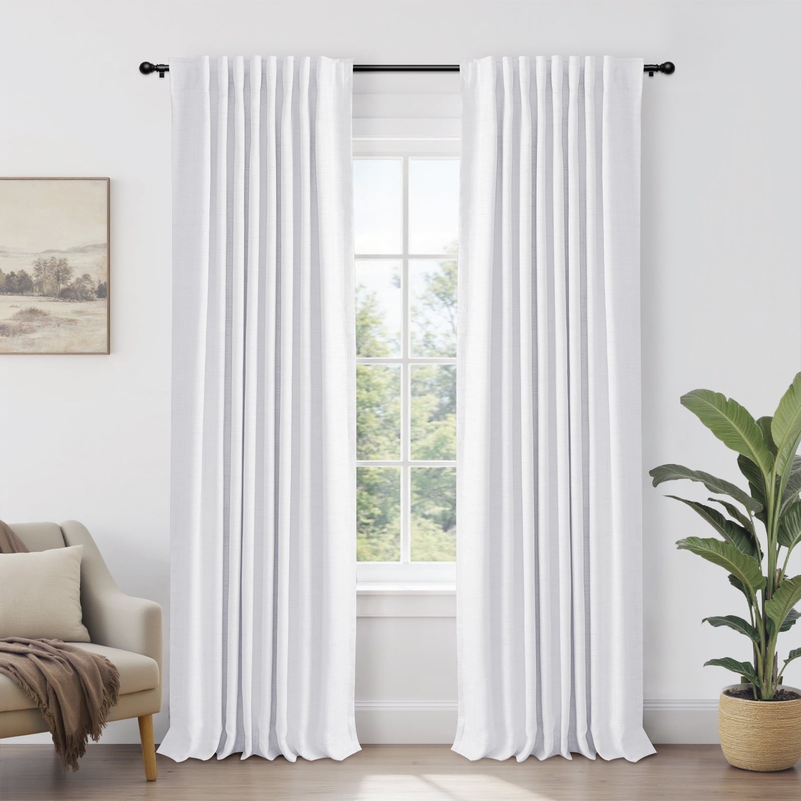100% Blackout Curtains for Bedroom,Set of 2 Panels,108inch Length Faux Linen Thermal Insulated Back Tab Drapes with Room Darkening,50Wx108L,Bright White