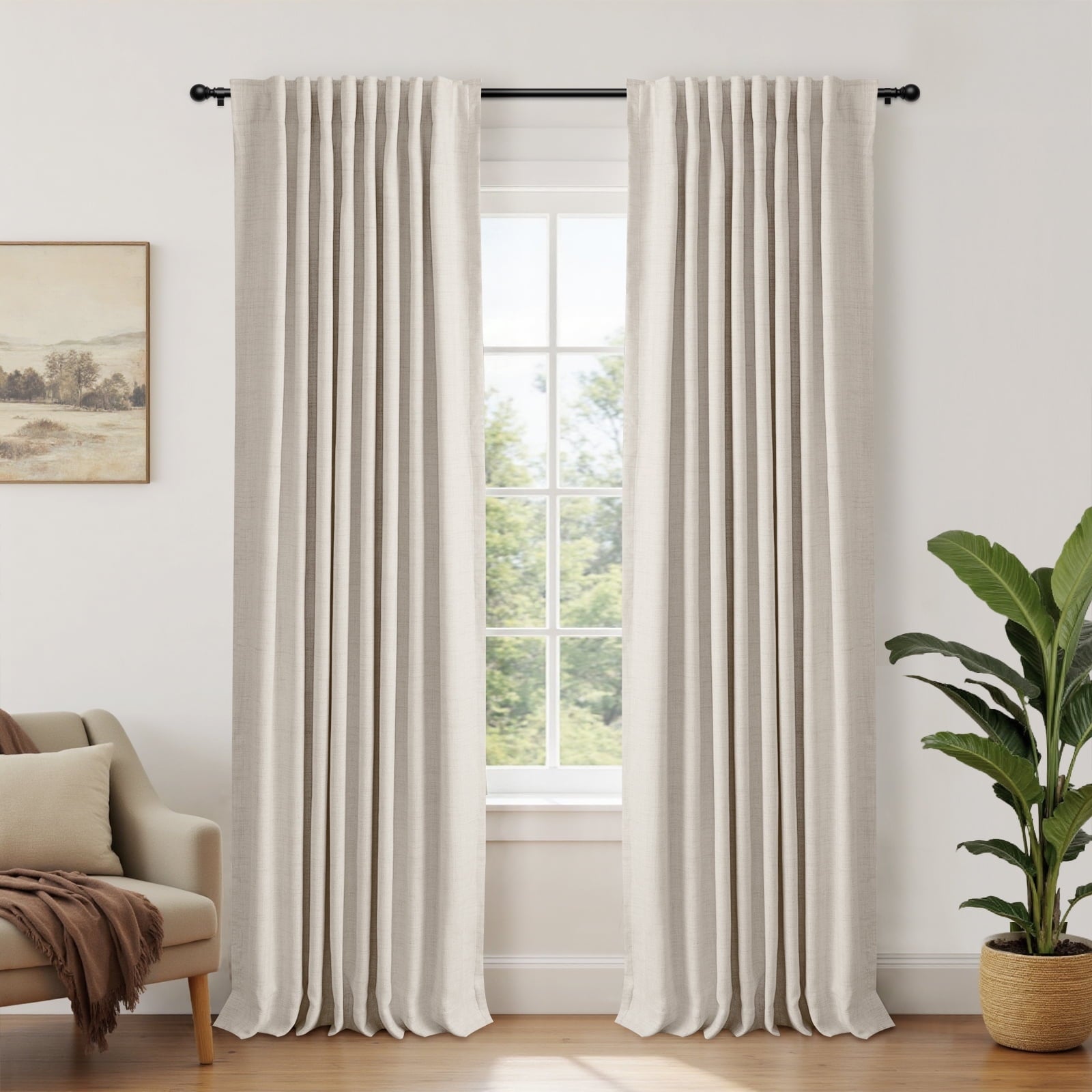 100% Blackout Faux Linen Curtains for Bedroom 90 Inches Long,2 Panels Set,Thermal Insulated Back Tab Drapes,50Wx90L,Cream