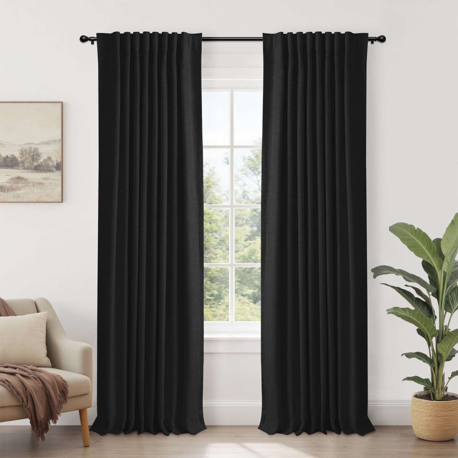 100% Blackout Faux Linen Curtains for Bedroom 90 Inches Long,2 Panels Set,Thermal Insulated Back Tab Drapes,50Wx90L,Black