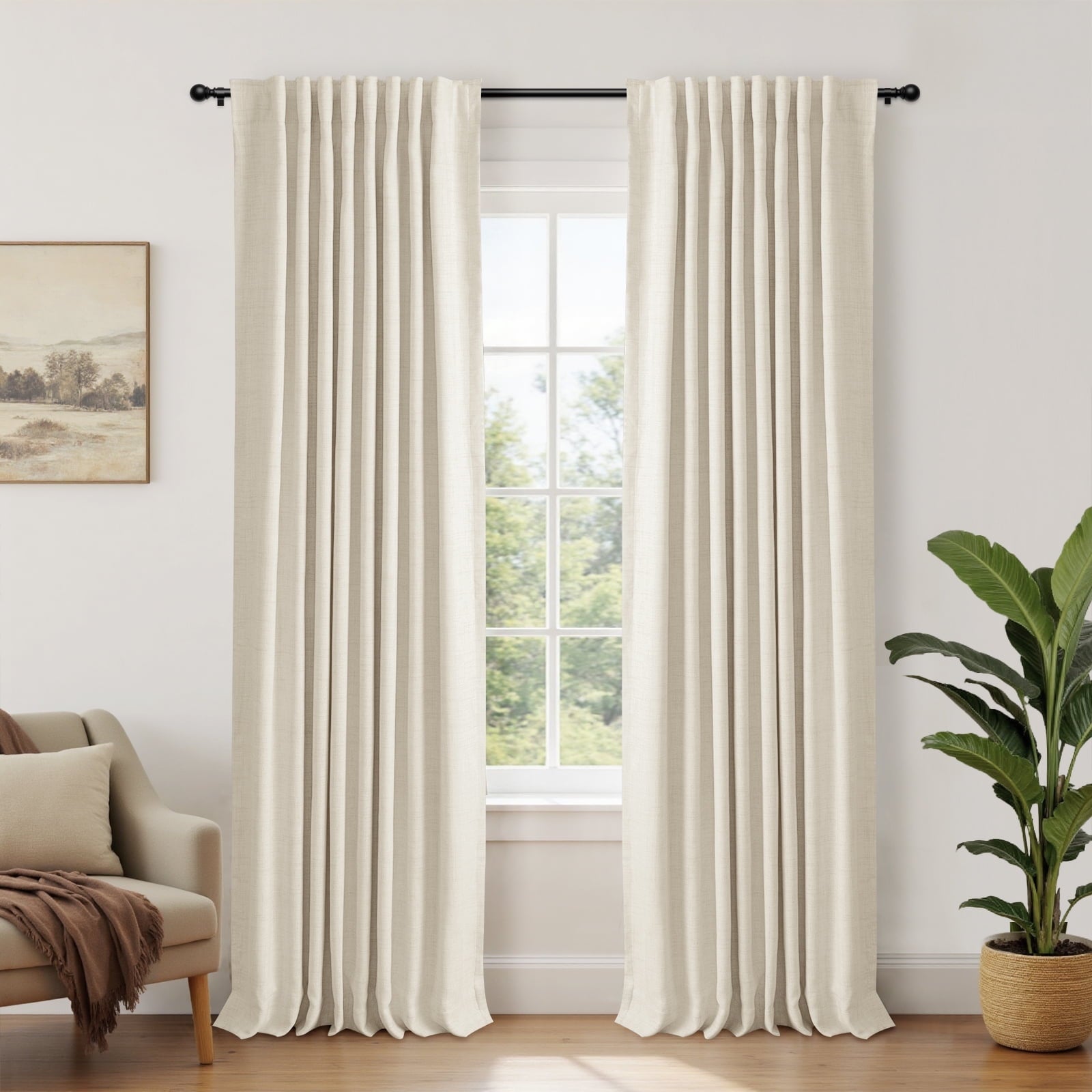 100% Blackout Faux Linen Curtains for Bedroom 90 Inches Long,2 Panels Set,Thermal Insulated Back Tab Drapes,50Wx90L,New Cream