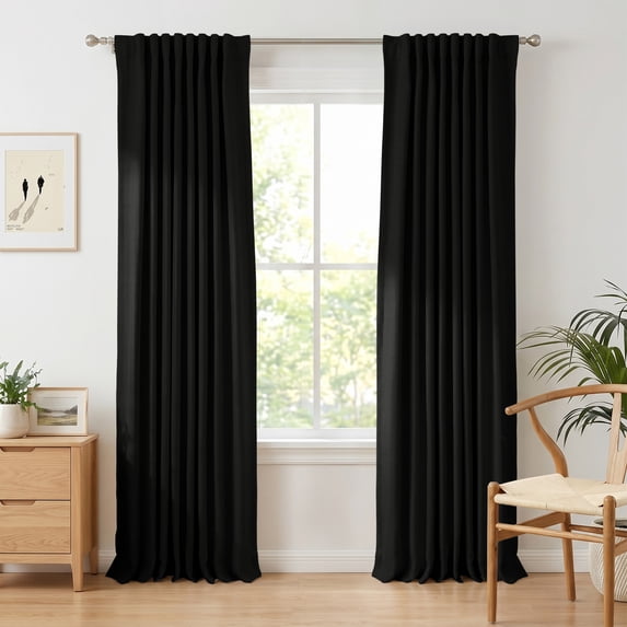 100% Blackout Faux Linen Curtains for Livingroom Bedroom W50 x L84,2 Panels Set Thermal Insulated Curtains With Free 20 Ring Clips- Black