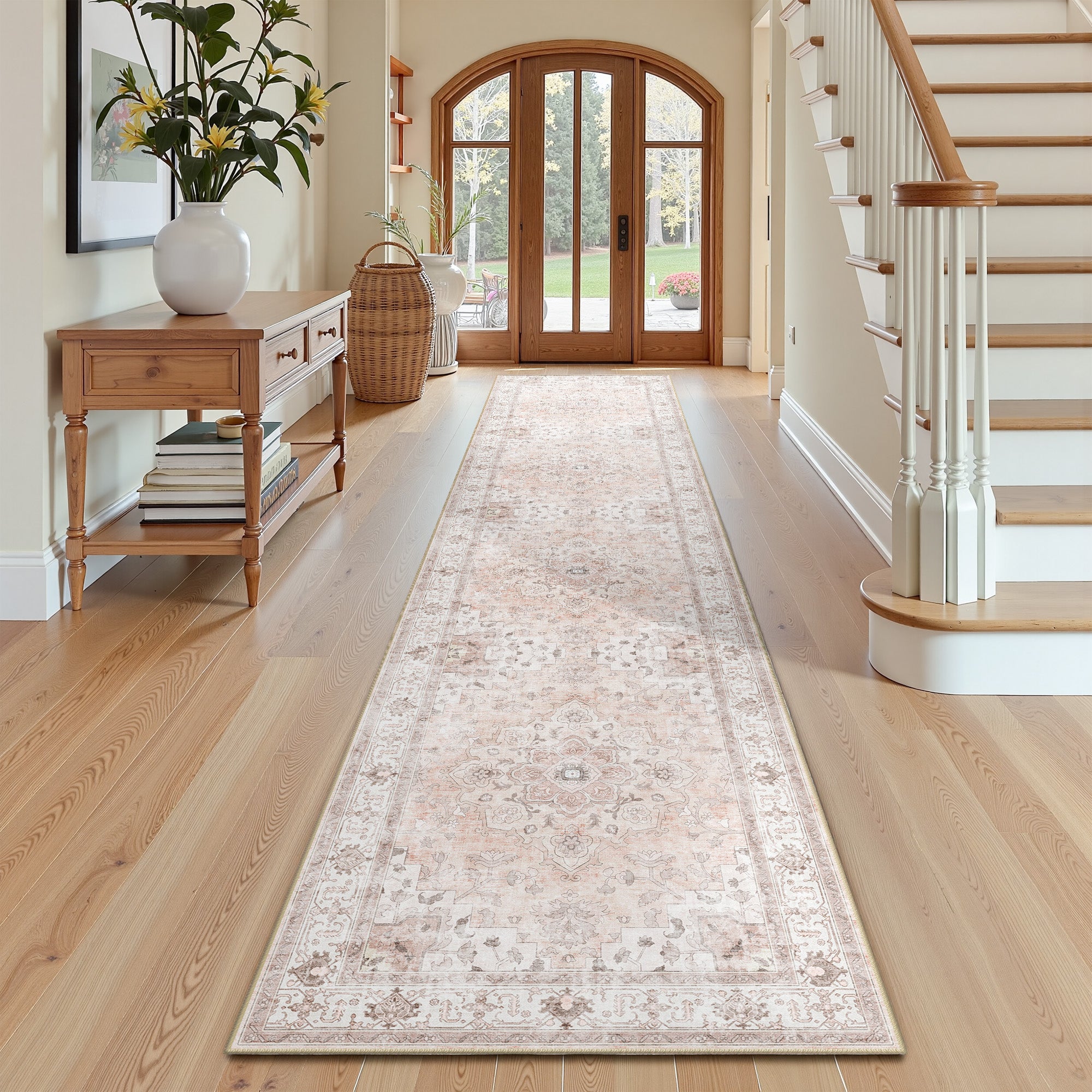 Runner Rugs 2'x10', Machine Washable Non-slip Stain Resistance Low Pile Carpet, Soft Vintage Print Pattern Runner Rugs for Hallway, Pink