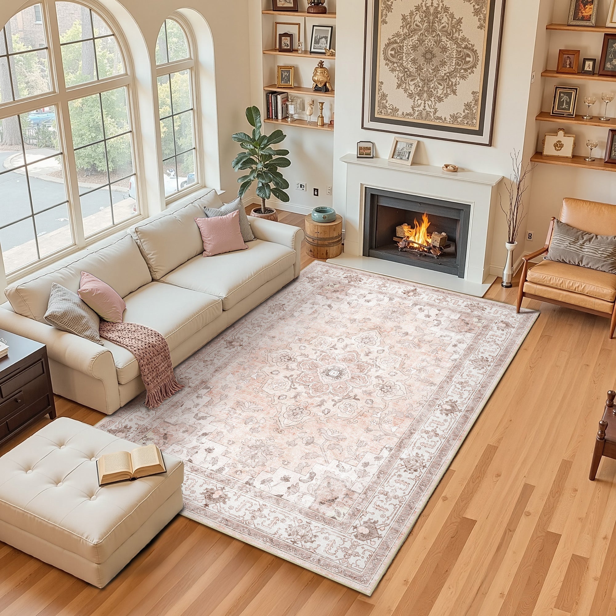 Area Rugs 5'x7', Machine Washable Non-slip Stain Resistance Low Pile Carpet, Soft Vintage Print Pattern Area Rugs for Living Room, Pink