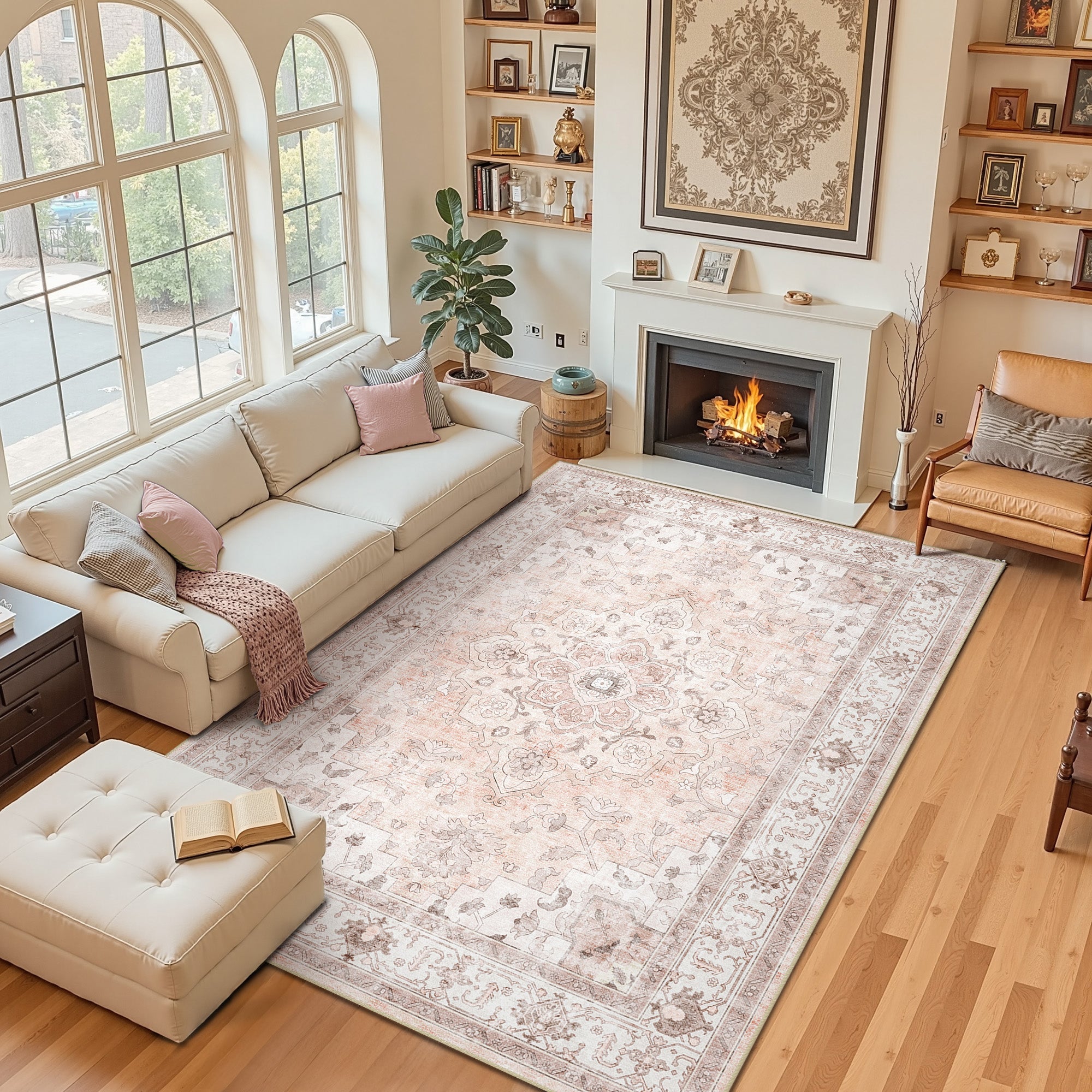 Area Rugs 6'x9', Machine Washable Non-slip Stain Resistance Low Pile Carpet, Soft Vintage Print Pattern Area Rugs for Living Room, Pink