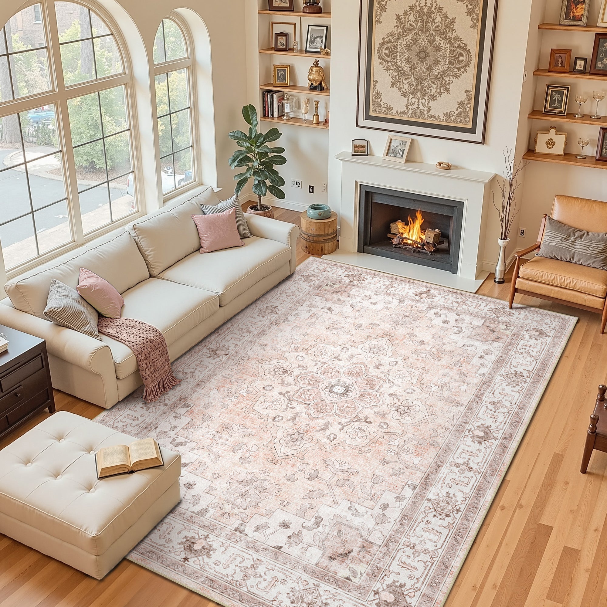 Area Rugs 8'x10', Machine Washable Non-slip Stain Resistance Low Pile Carpet, Soft Vintage Print Pattern Area Rugs for Living Room, Pink