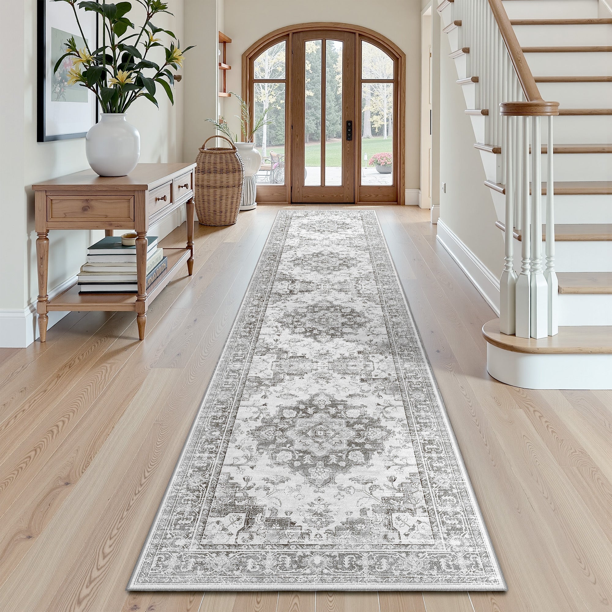 Runner Rugs 2'x10', Machine Washable Non-slip Stain Resistance Low Pile Carpet, Soft Vintage Print Pattern Runner Rugs for Hallway, Black & Gray
