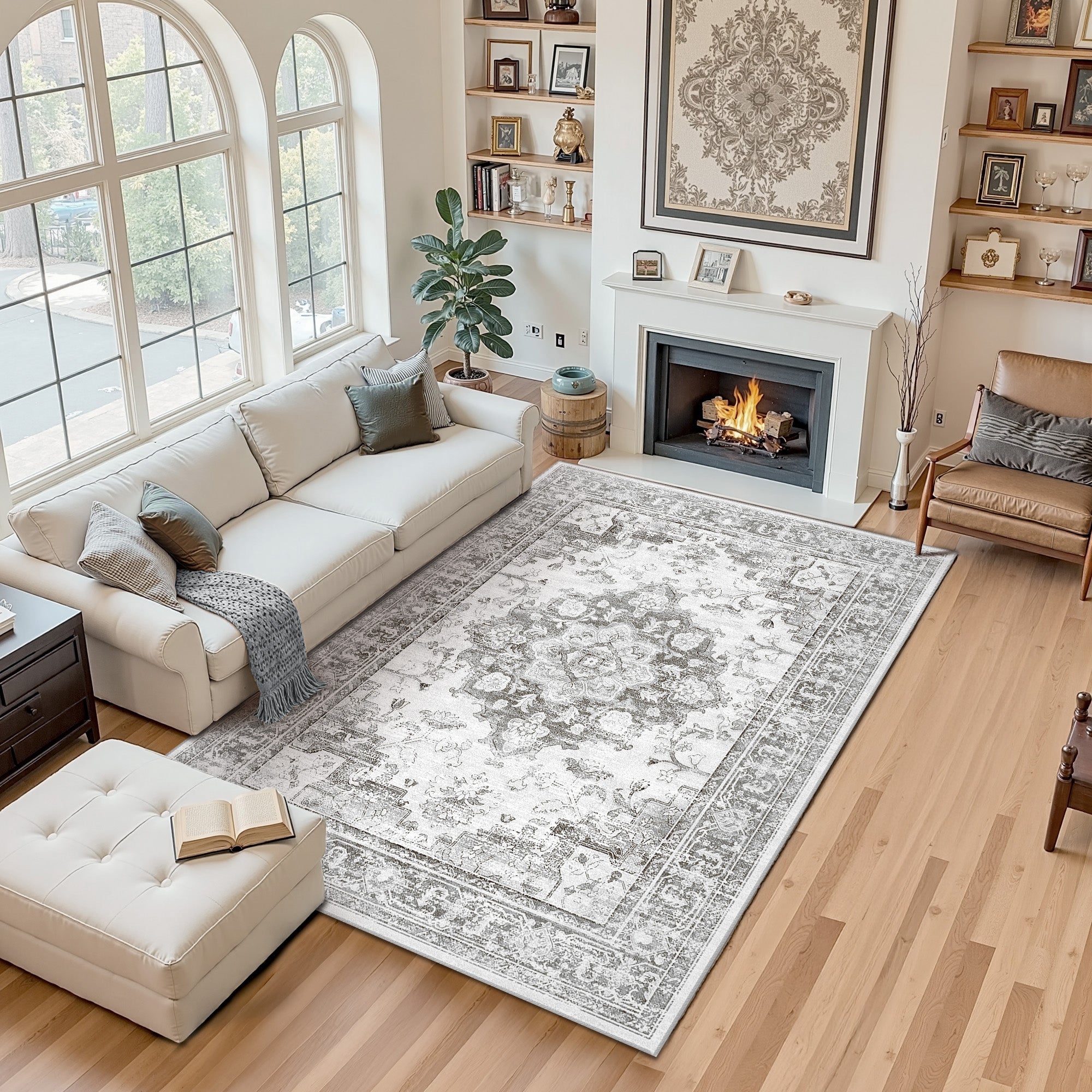 Area Rugs 5'x7', Machine Washable Non-slip Stain Resistance Low Pile Carpet, Soft Vintage Print Pattern Area Rugs for Living Room, Black & Gray