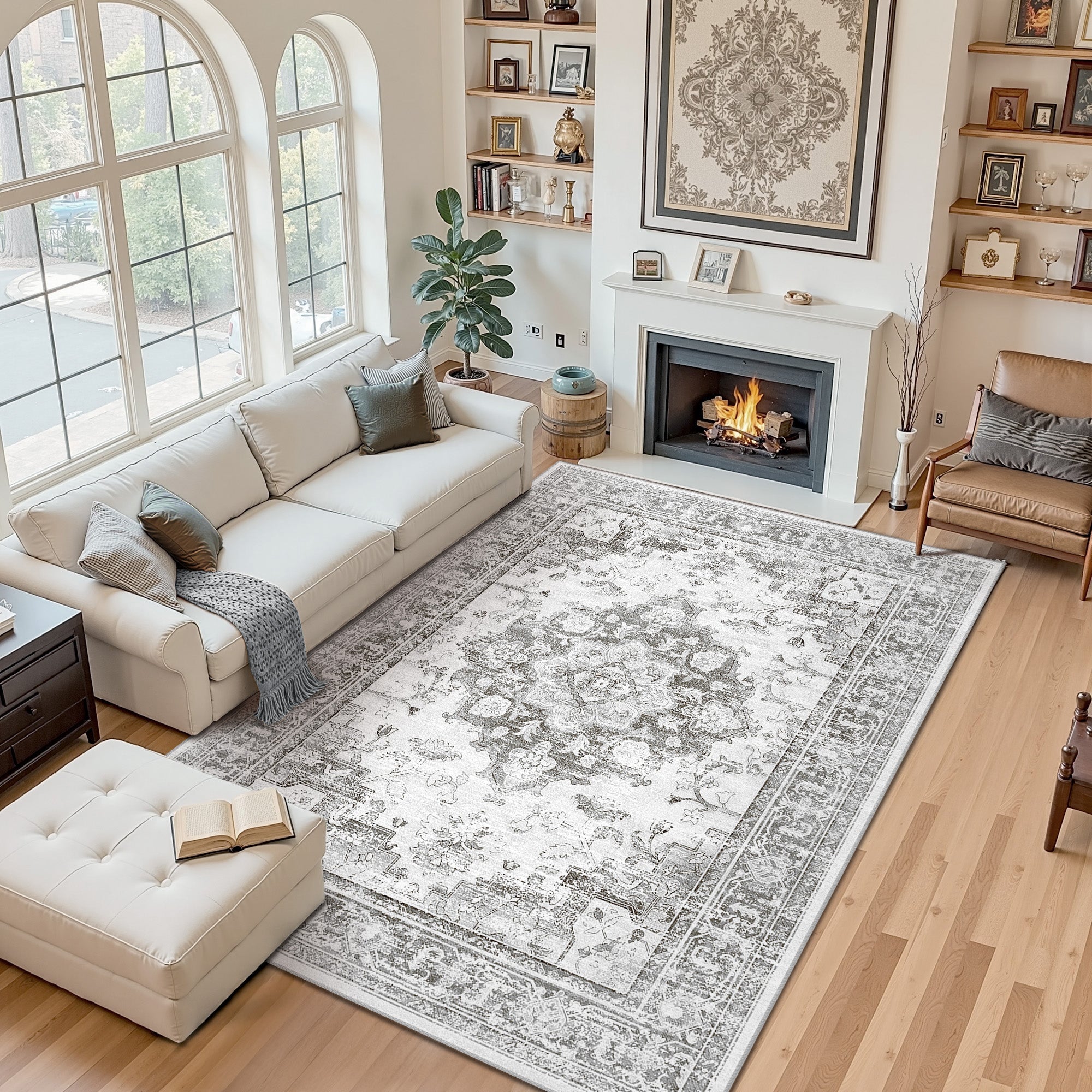 Area Rugs 6'x9', Machine Washable Non-slip Stain Resistance Low Pile Carpet, Soft Vintage Print Pattern Area Rugs for Living Room, Black & Gray