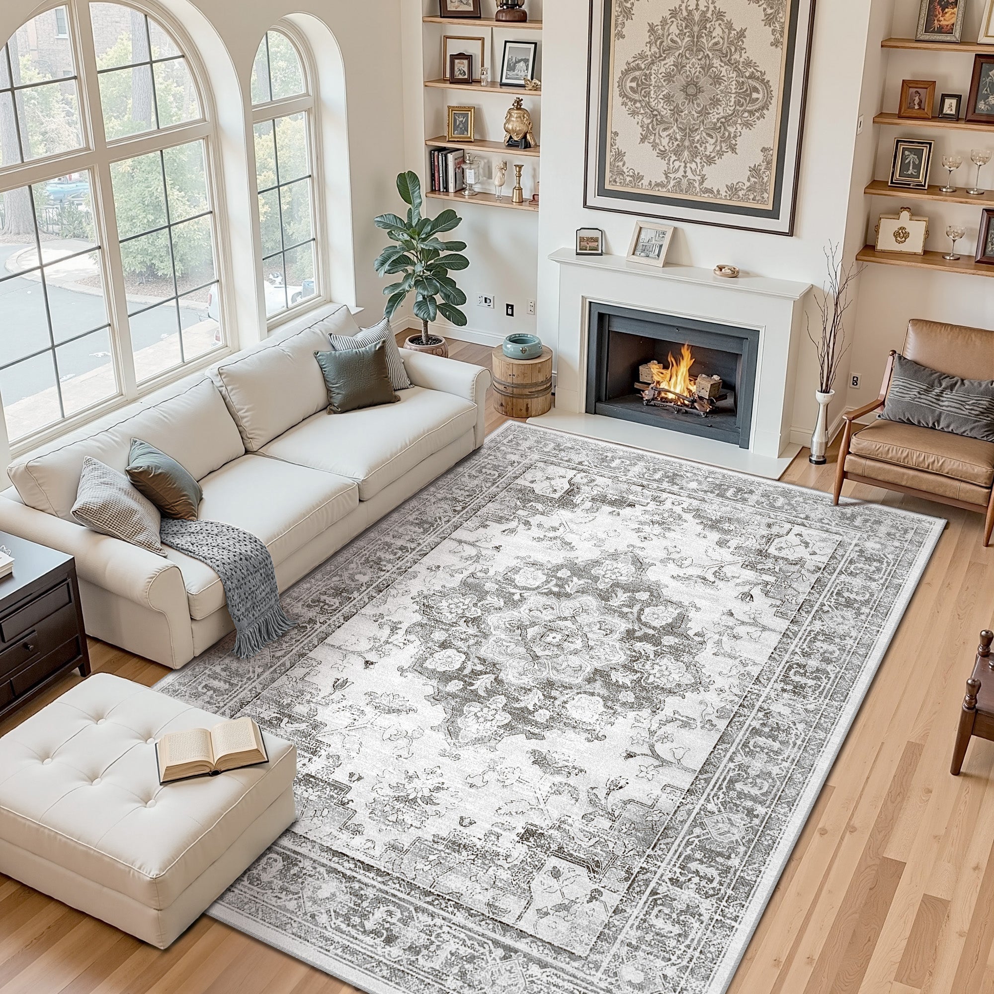 Area Rugs 8'x10', Machine Washable Non-slip Stain Resistance Low Pile Carpet, Soft Vintage Print Pattern Area Rugs for Living Room, Black & Gray