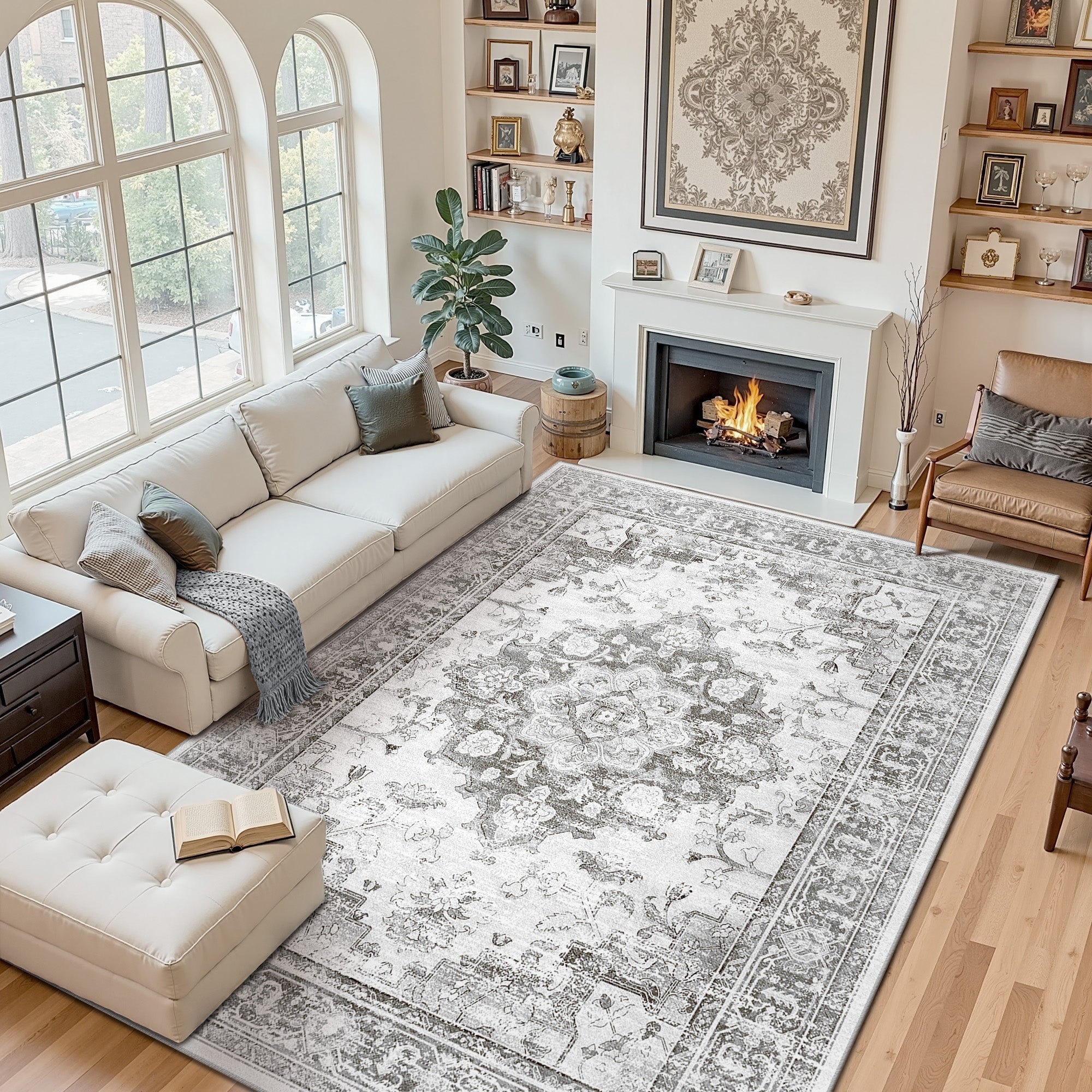 Area Rugs 9'x12', Machine Washable Non-slip Stain Resistance Low Pile Carpet, Soft Vintage Print Pattern Area Rugs for Living Room, Black & Gray