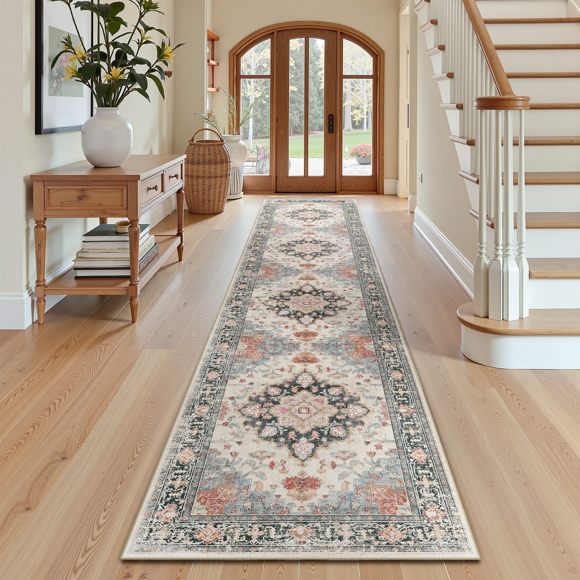 Runner Rugs 2'x10', Machine Washable Non-slip Stain Resistance Low Pile Carpet, Soft Vintage Print Pattern Runner Rugs for Hallway, Blue & Beige