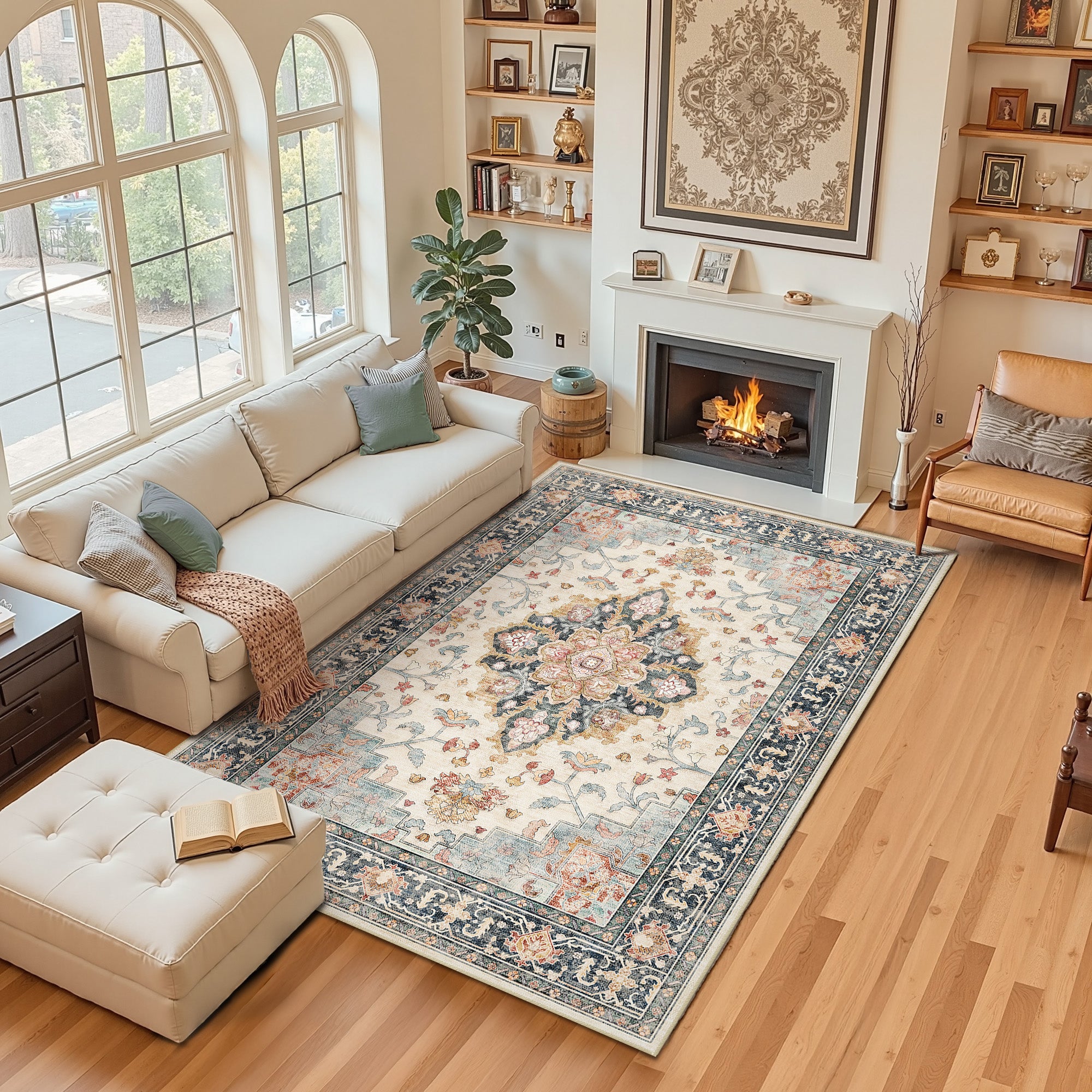 Area Rugs 5'x7', Machine Washable Non-slip Stain Resistance Low Pile Carpet, Soft Vintage Print Pattern Area Rugs for Living Room, Blue & Beige