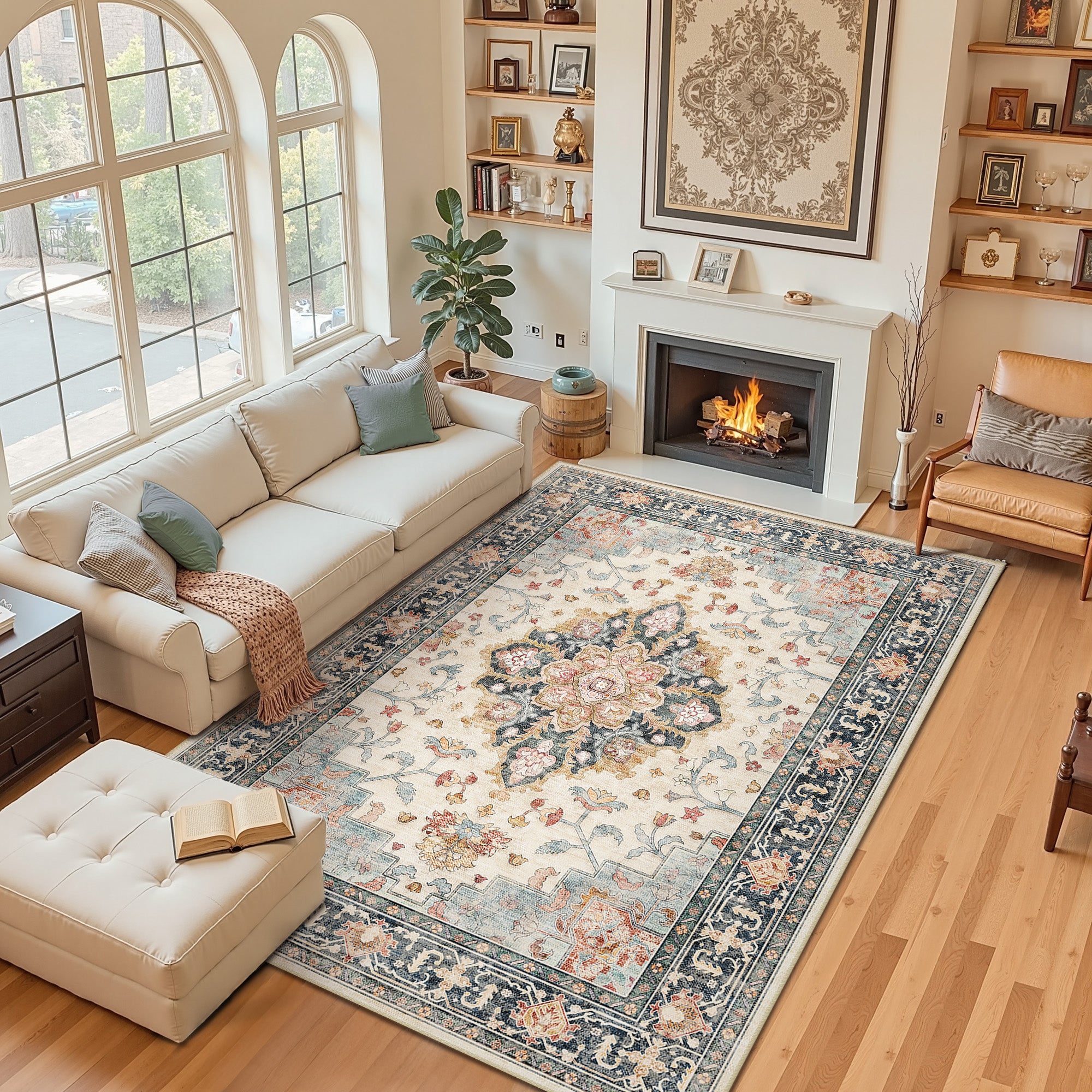 Area Rugs 6'x9', Machine Washable Non-slip Stain Resistance Low Pile Carpet, Soft Vintage Print Pattern Area Rugs for Living Room, Blue & Beige