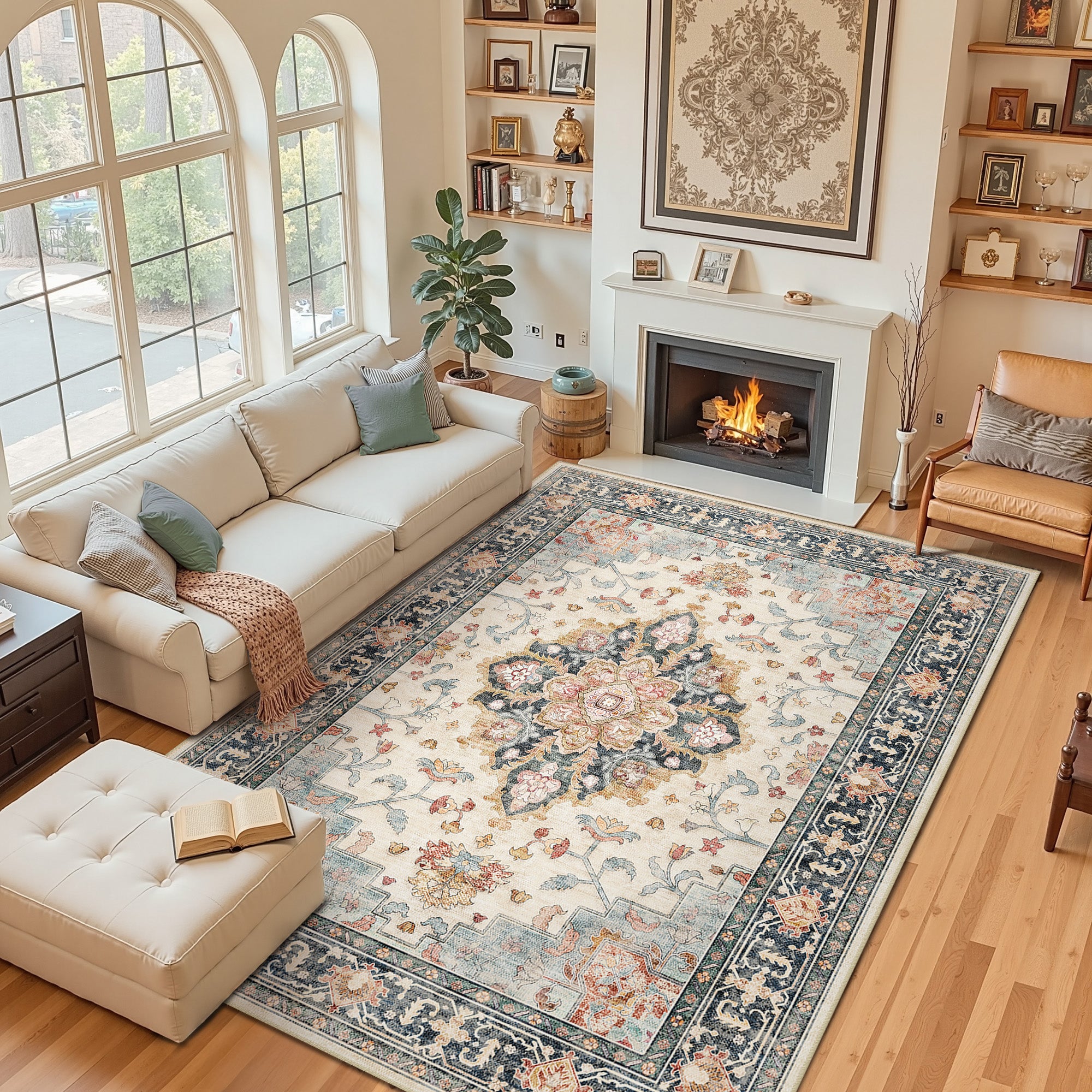 Area Rugs 8'x10', Machine Washable Non-slip Stain Resistance Low Pile Carpet, Soft Vintage Print Pattern Area Rugs for Living Room, Blue & Beige