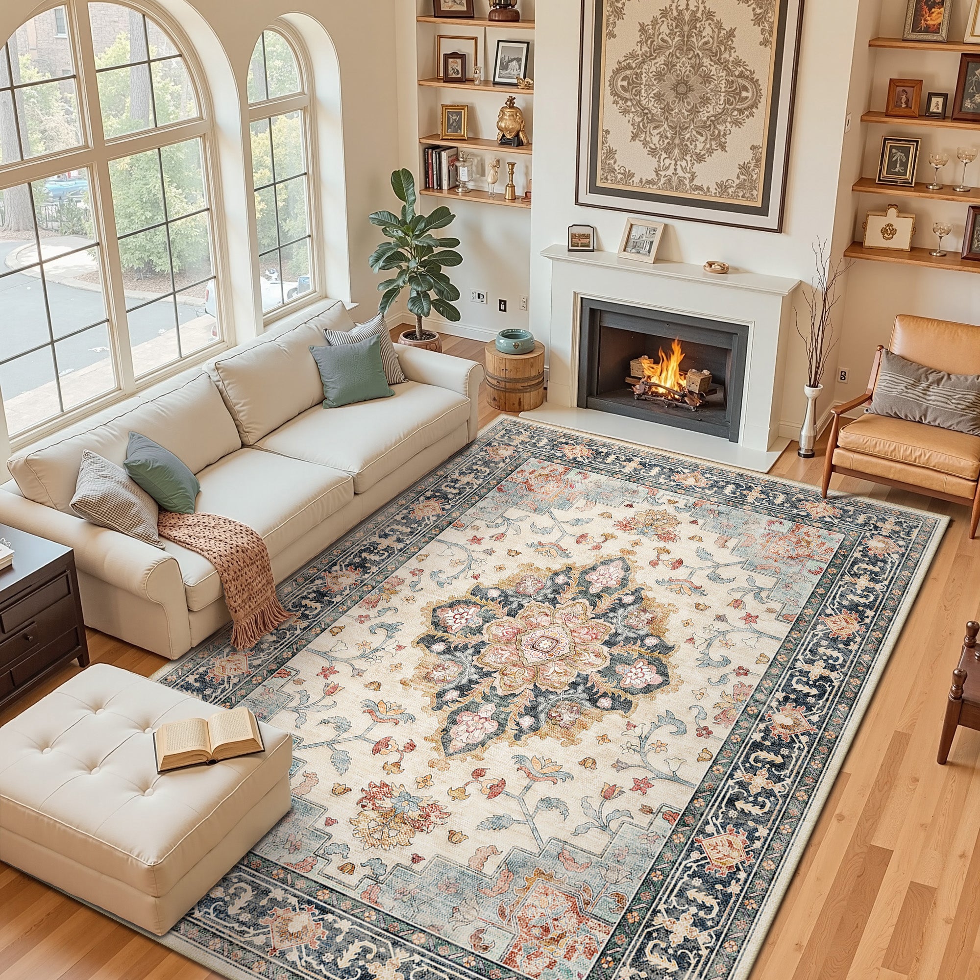 Area Rugs 9'x12', Machine Washable Non-slip Stain Resistance Low Pile Carpet, Soft Vintage Print Pattern Area Rugs for Living Room, Blue & Beige