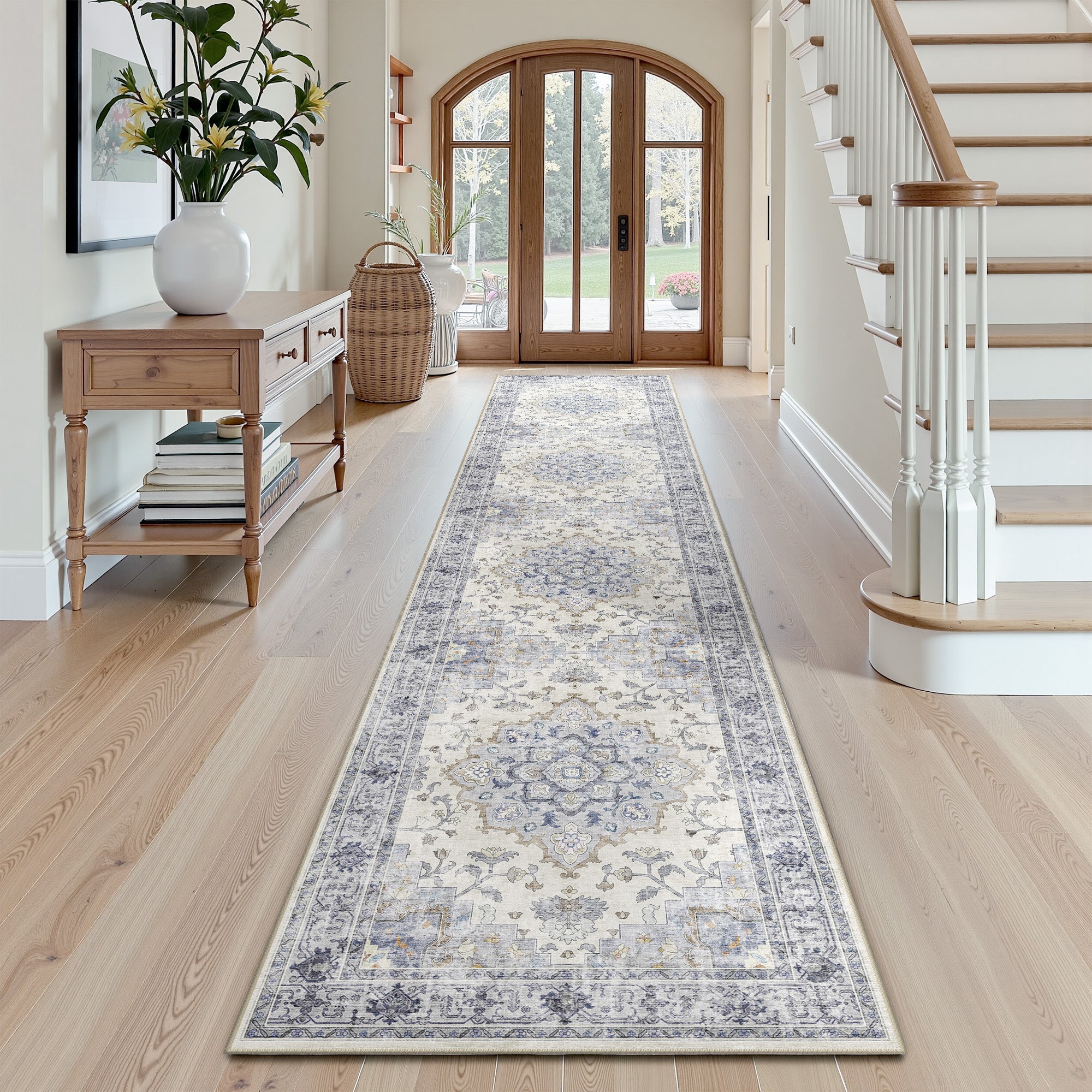 Runner Rugs 2'x10', Machine Washable Non-slip Stain Resistance Low Pile Carpet, Soft Vintage Print Pattern Runner Rugs for Hallway, Blue & White