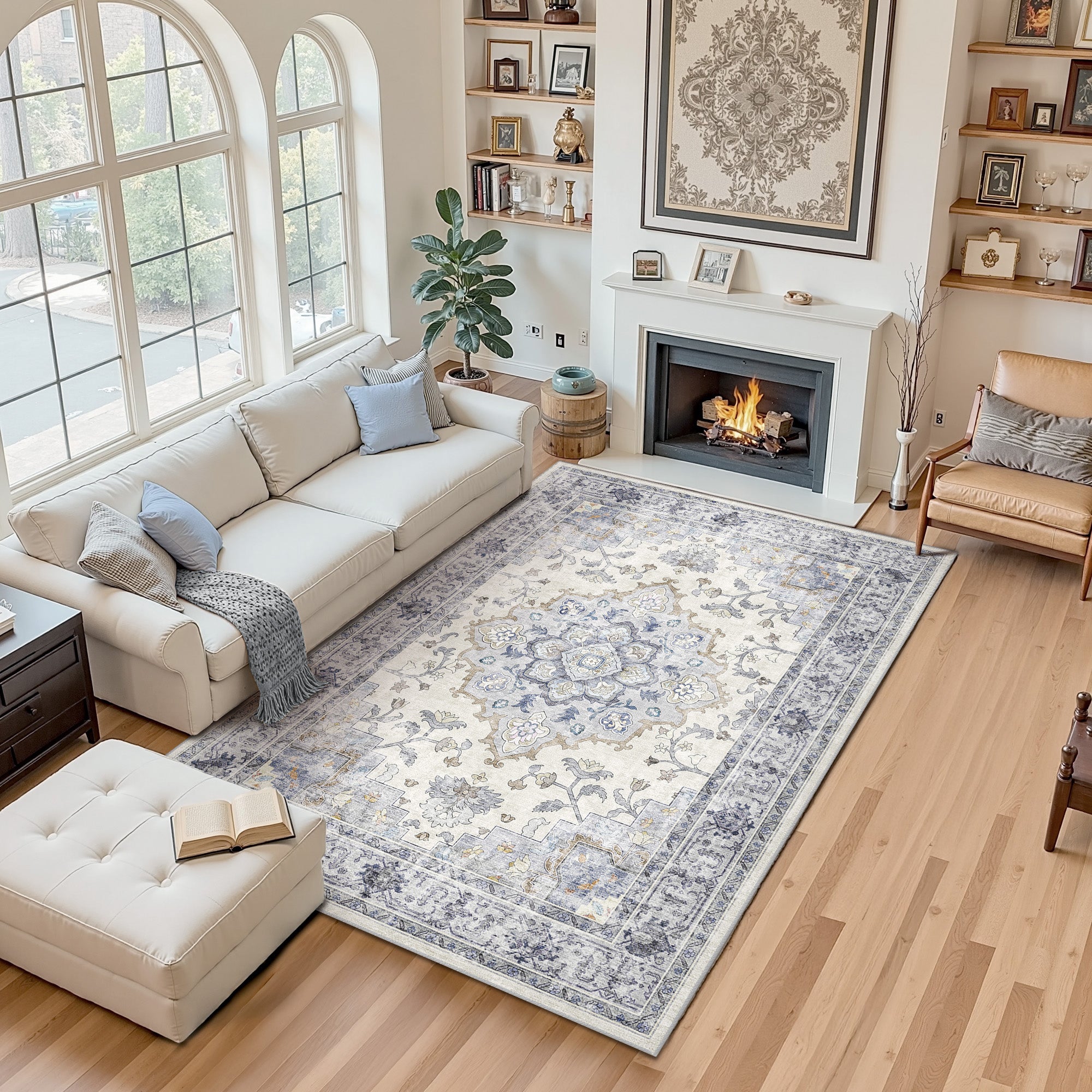 Area Rugs 5'x7', Machine Washable Non-slip Stain Resistance Low Pile Carpet, Soft Vintage Print Pattern Area Rugs for Living Room, Blue & White