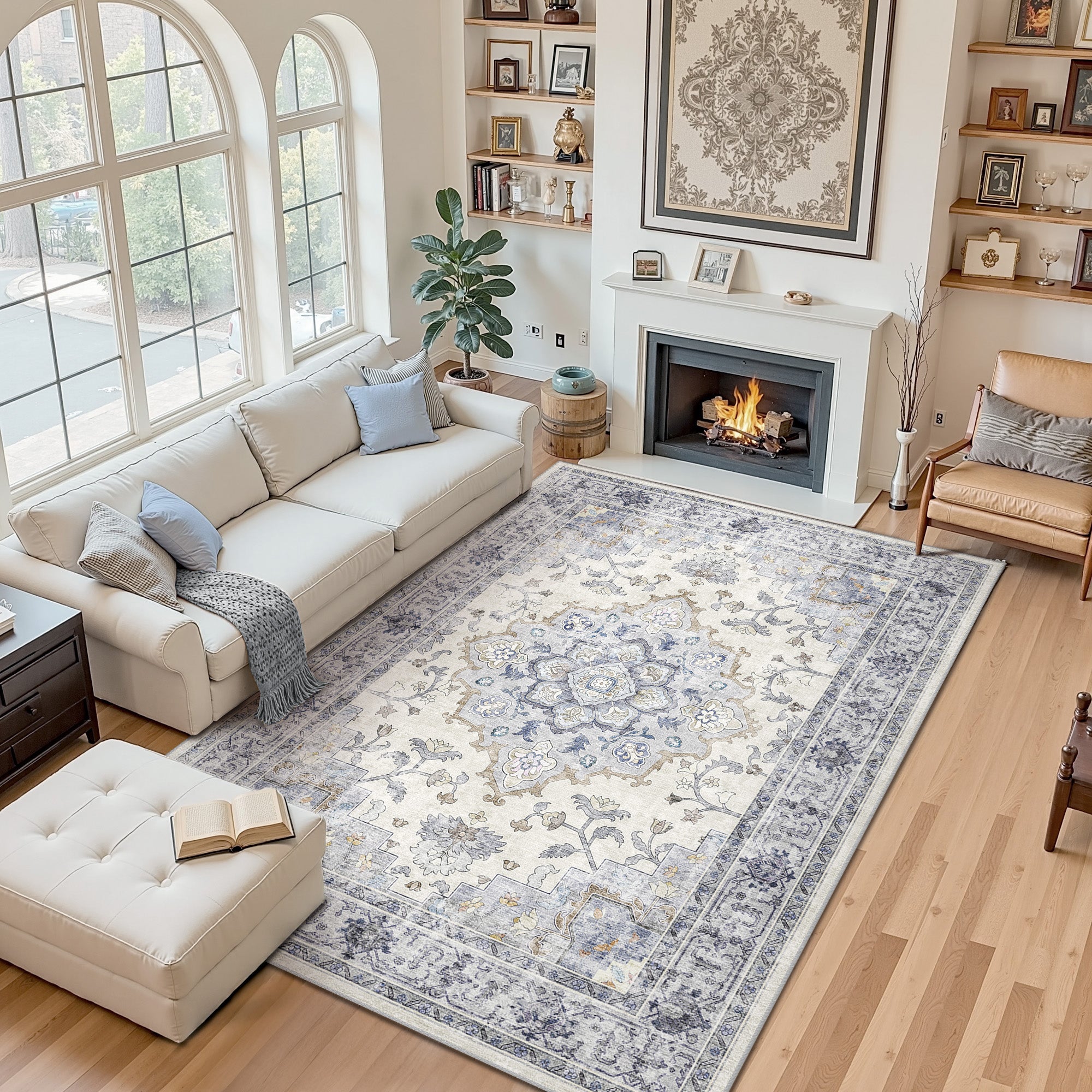 Area Rugs 6'x9', Machine Washable Non-slip Stain Resistance Low Pile Carpet, Soft Vintage Print Pattern Area Rugs for Living Room, Blue & White