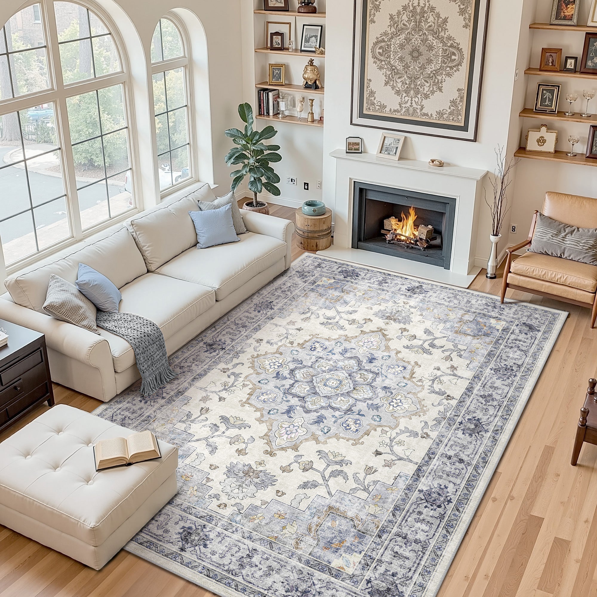 Area Rugs 8'x10', Machine Washable Non-slip Stain Resistance Low Pile Carpet, Soft Vintage Print Pattern Area Rugs for Living Room, Blue & White