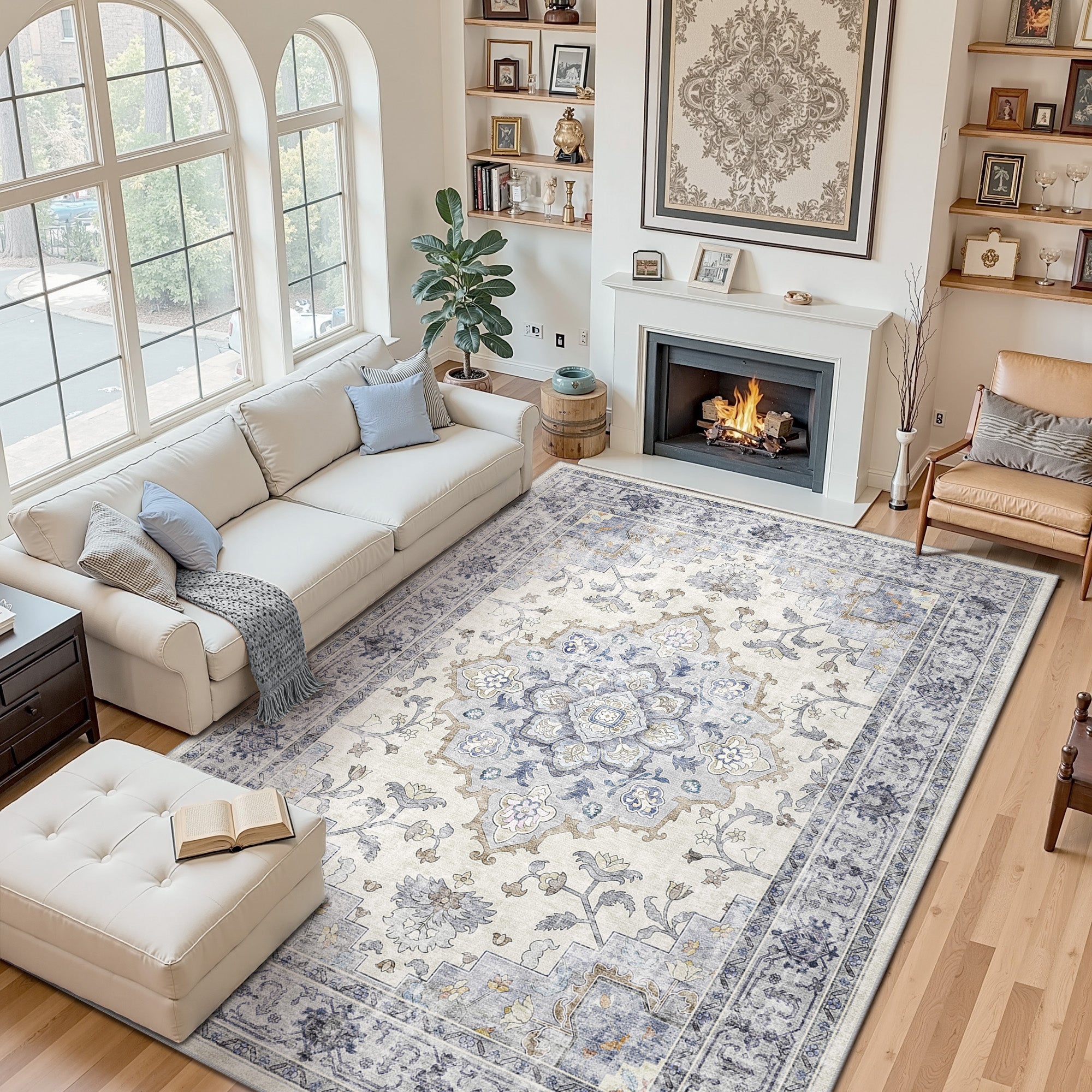 Area Rugs 9'x12', Machine Washable Non-slip Stain Resistance Low Pile Carpet, Soft Vintage Print Pattern Area Rugs for Living Room, Blue & White