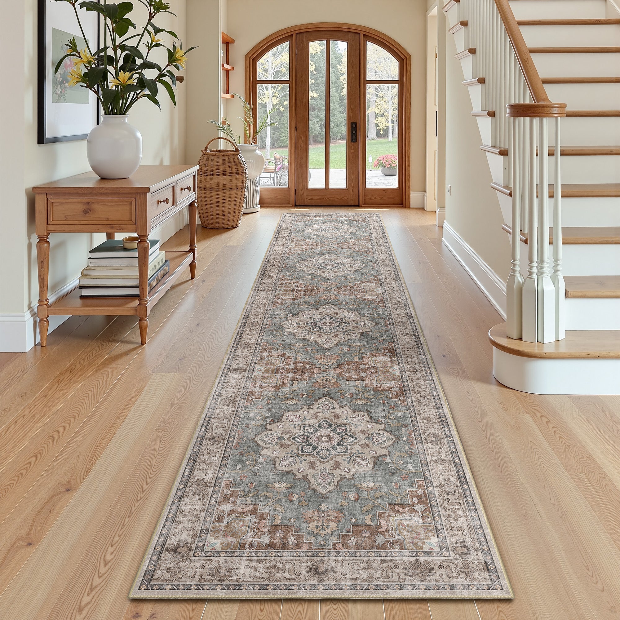 Runner Rugs 2'x10', Machine Washable Non-slip Stain Resistance Low Pile Carpet, Soft Vintage Print Pattern Runner Rugs for Hallway, Brick & Green