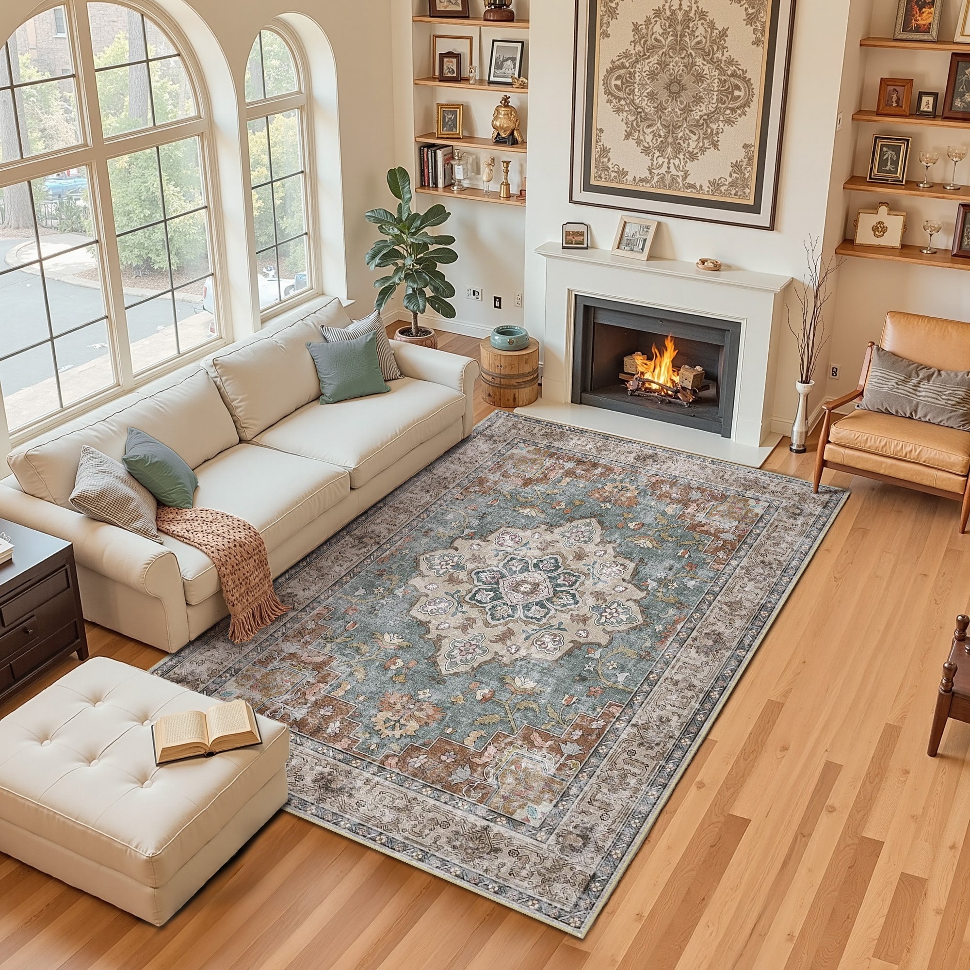Area Rugs 5'x7', Machine Washable Non-slip Stain Resistance Low Pile Carpet, Soft Vintage Print Pattern Area Rugs for Living Room, Brick & Green