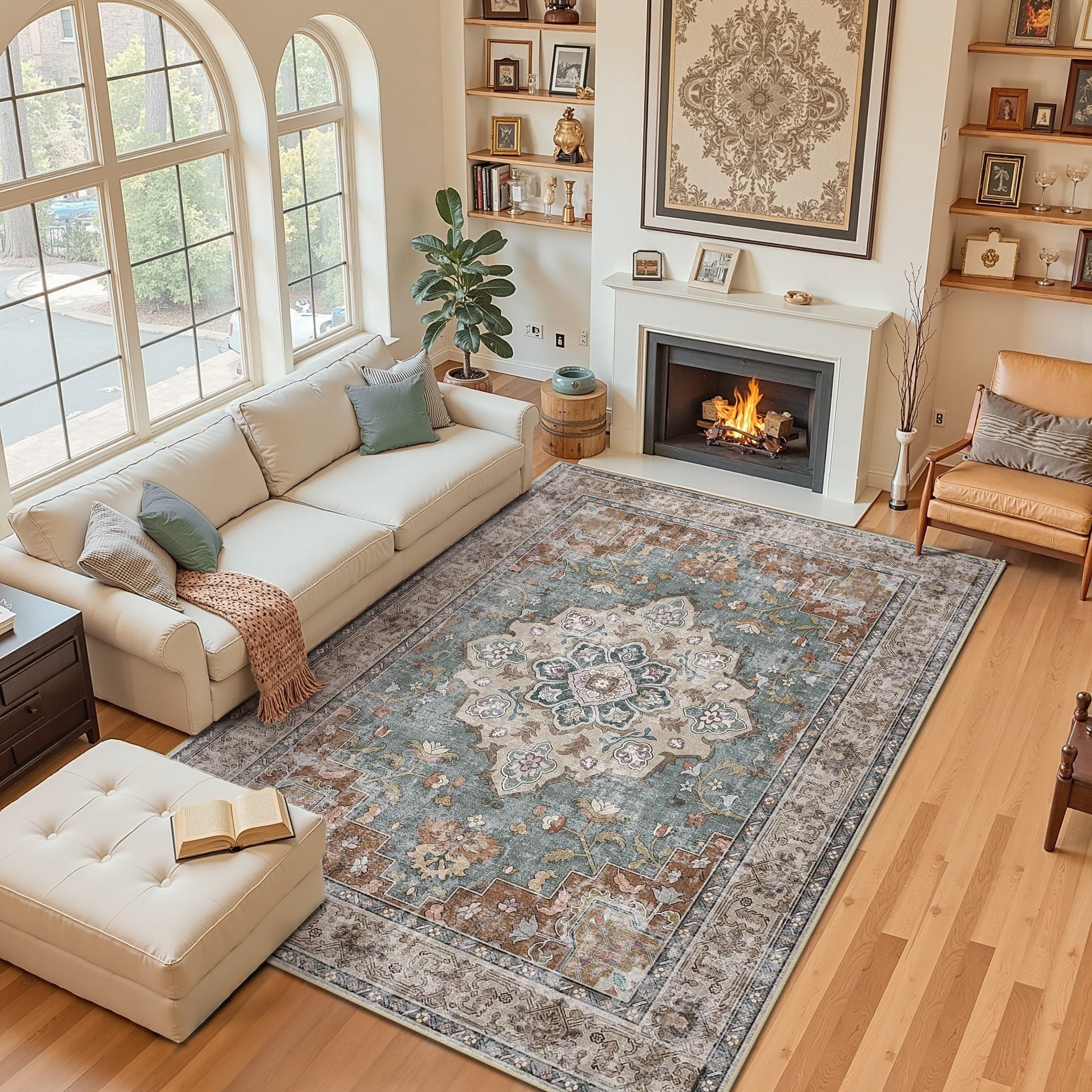 Area Rugs 6'x9', Machine Washable Non-slip Stain Resistance Low Pile Carpet, Soft Vintage Print Pattern Area Rugs for Living Room, Brick & Green