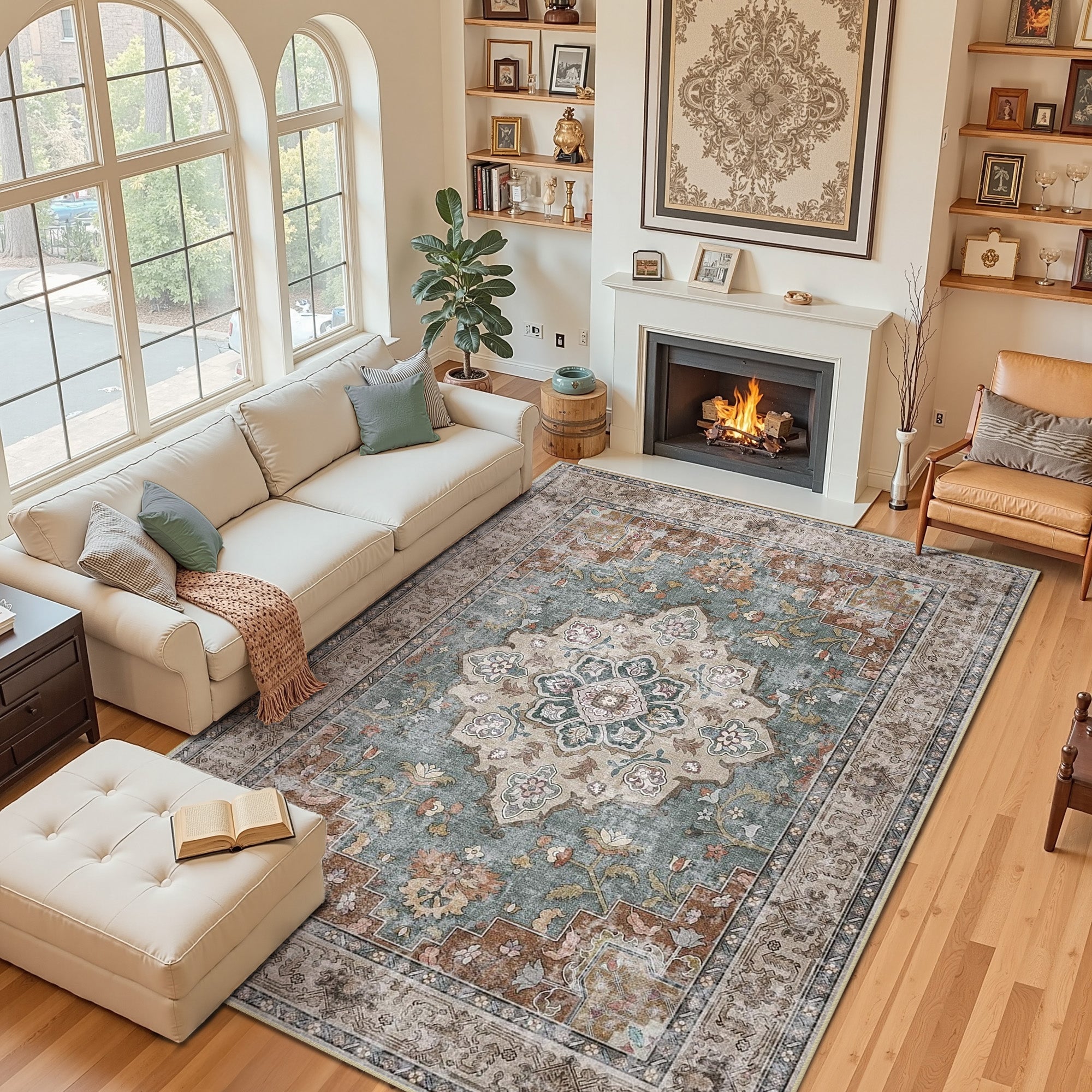 Area Rugs 8'x10', Machine Washable Non-slip Stain Resistance Low Pile Carpet, Soft Vintage Print Pattern Area Rugs for Living Room, Brick & Green