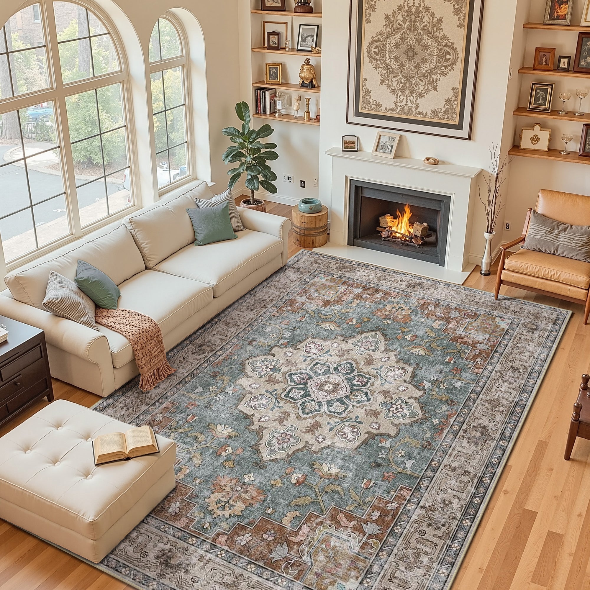 Area Rugs 9'x12', Machine Washable Non-slip Stain Resistance Low Pile Carpet, Soft Vintage Print Pattern Area Rugs for Living Room, Brick & Green