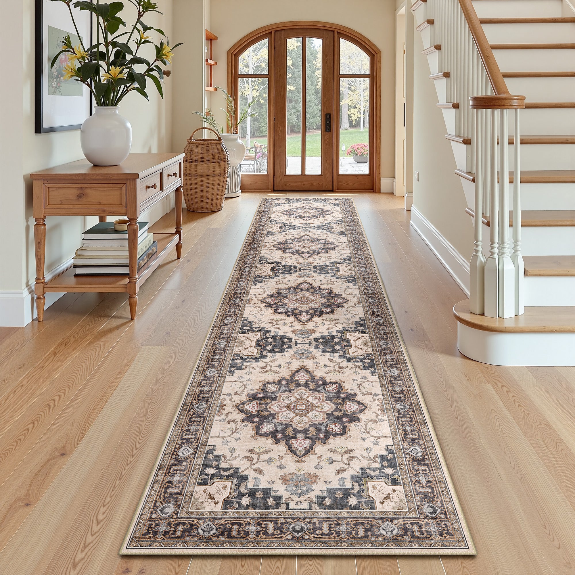 Runner Rugs 2'x10', Machine Washable Non-slip Stain Resistance Low Pile Carpet, Soft Vintage Print Pattern Runner Rugs for Hallway, Coffee & Beige