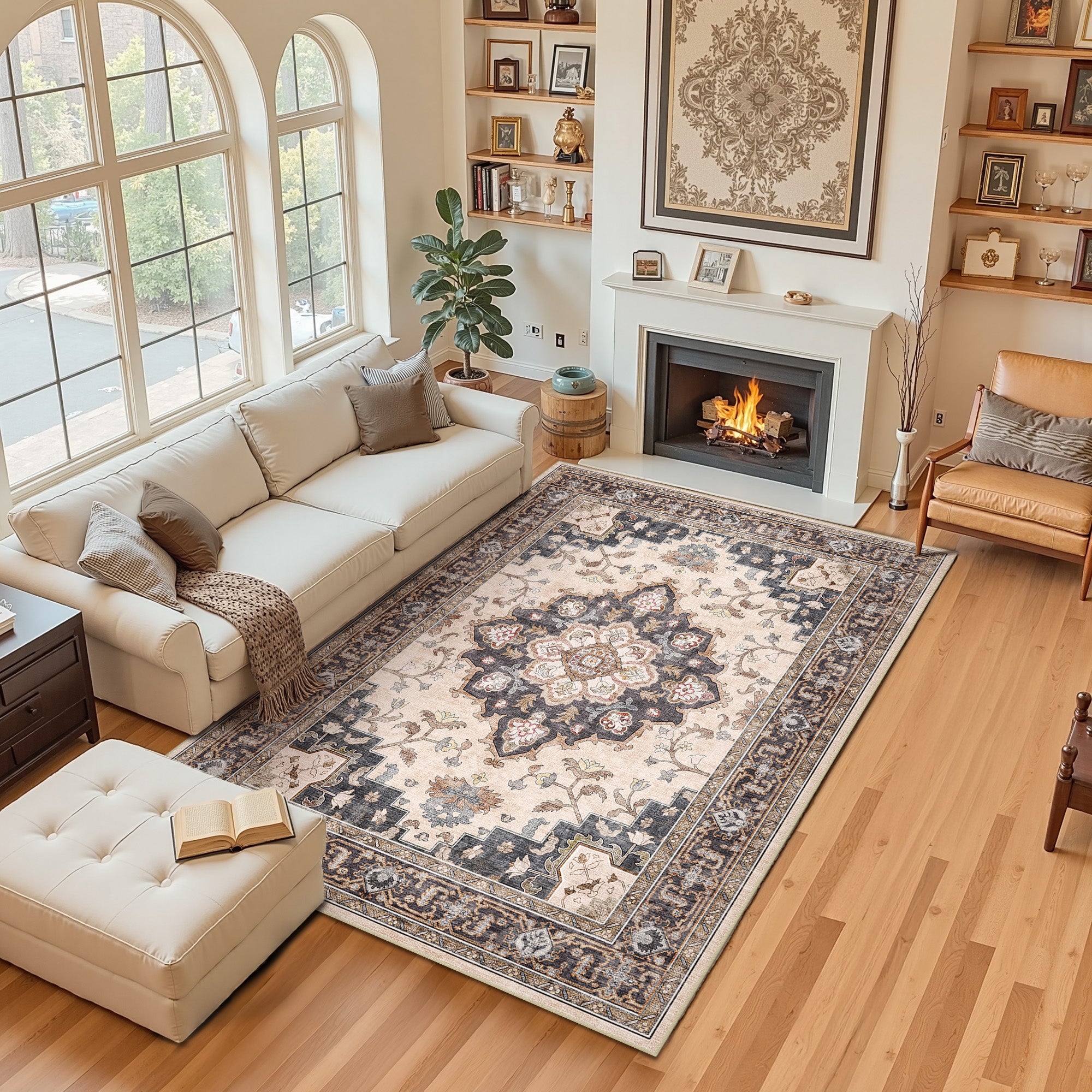 Area Rugs 5'x7', Machine Washable Non-slip Stain Resistance Low Pile Carpet, Soft Vintage Print Pattern Area Rugs for Living Room, Coffee & Beige