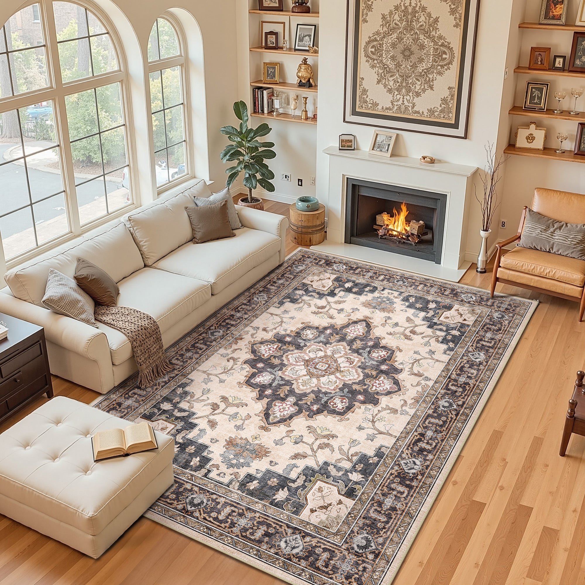 Area Rugs 6'x9', Machine Washable Non-slip Stain Resistance Low Pile Carpet, Soft Vintage Print Pattern Area Rugs for Living Room, Coffee & Beige