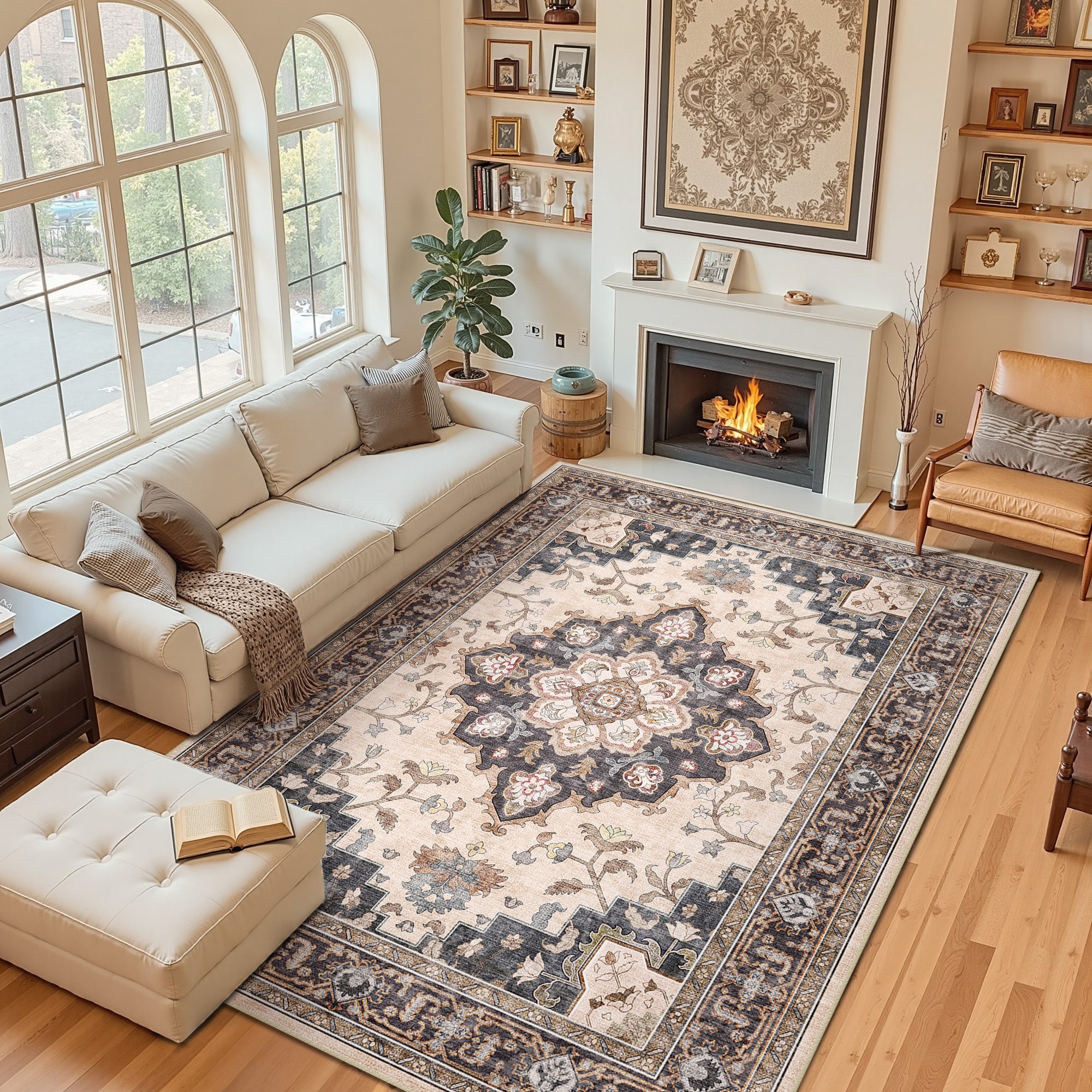 Area Rugs 8'x10', Machine Washable Non-slip Stain Resistance Low Pile Carpet, Soft Vintage Print Pattern Area Rugs for Living Room, Coffee & Beige