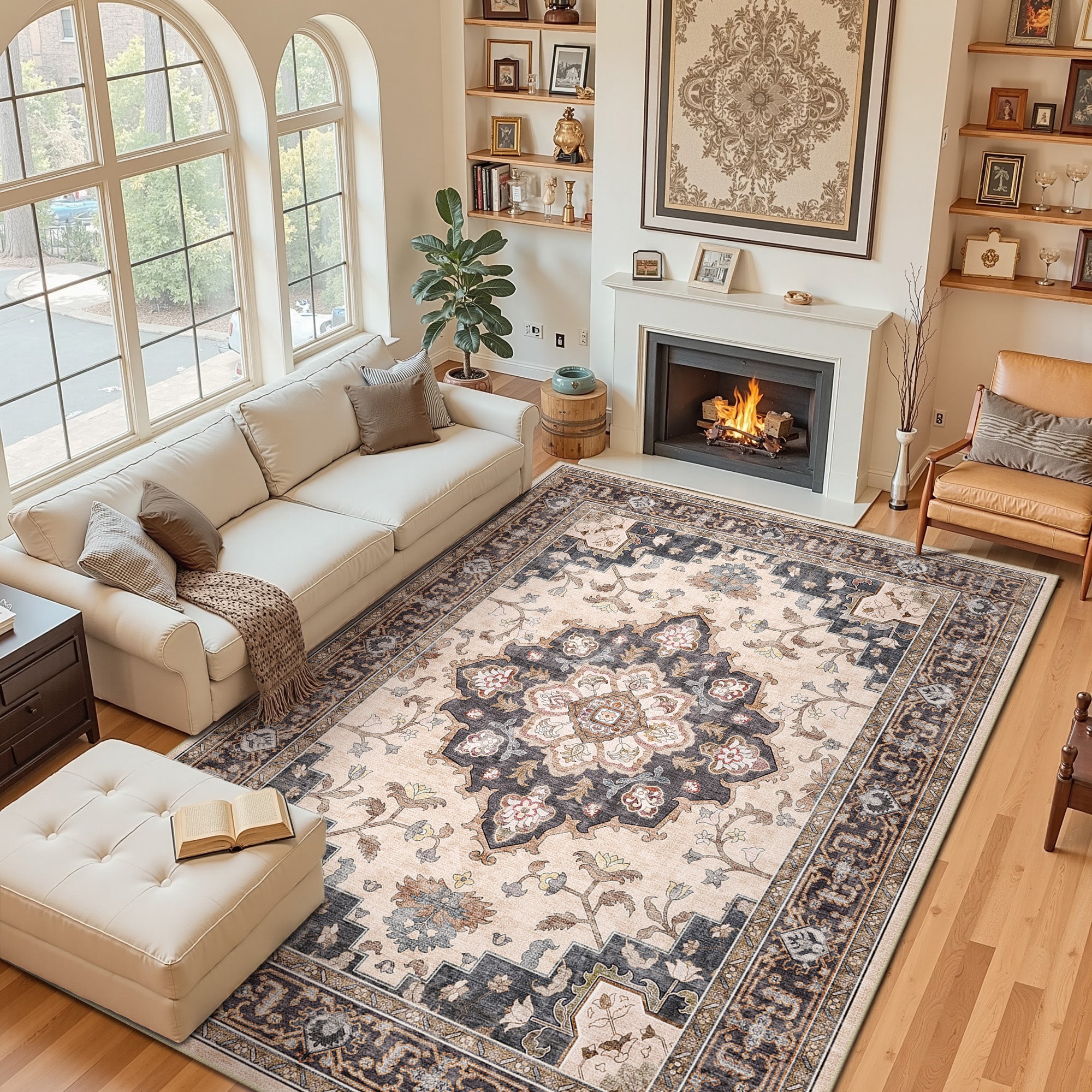 Area Rugs 9'x12', Machine Washable Non-slip Stain Resistance Low Pile Carpet, Soft Vintage Print Pattern Area Rugs for Living Room, Coffee & Beige
