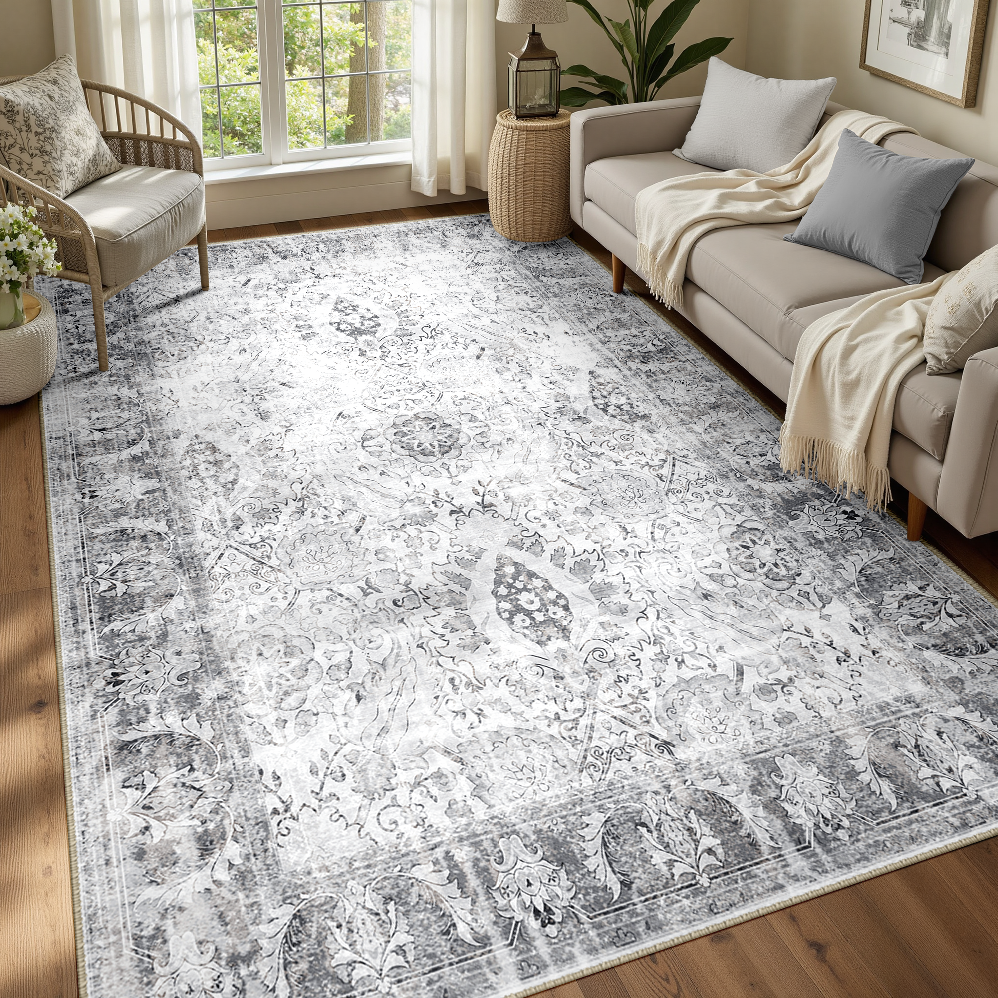 Boho Area Rug 5'x7', Machine Washable Non-Slip Vintage Bohemian Carpet, Indoor Soft Stain Resistant Low Pile Rug for Living Room, Gray & Black