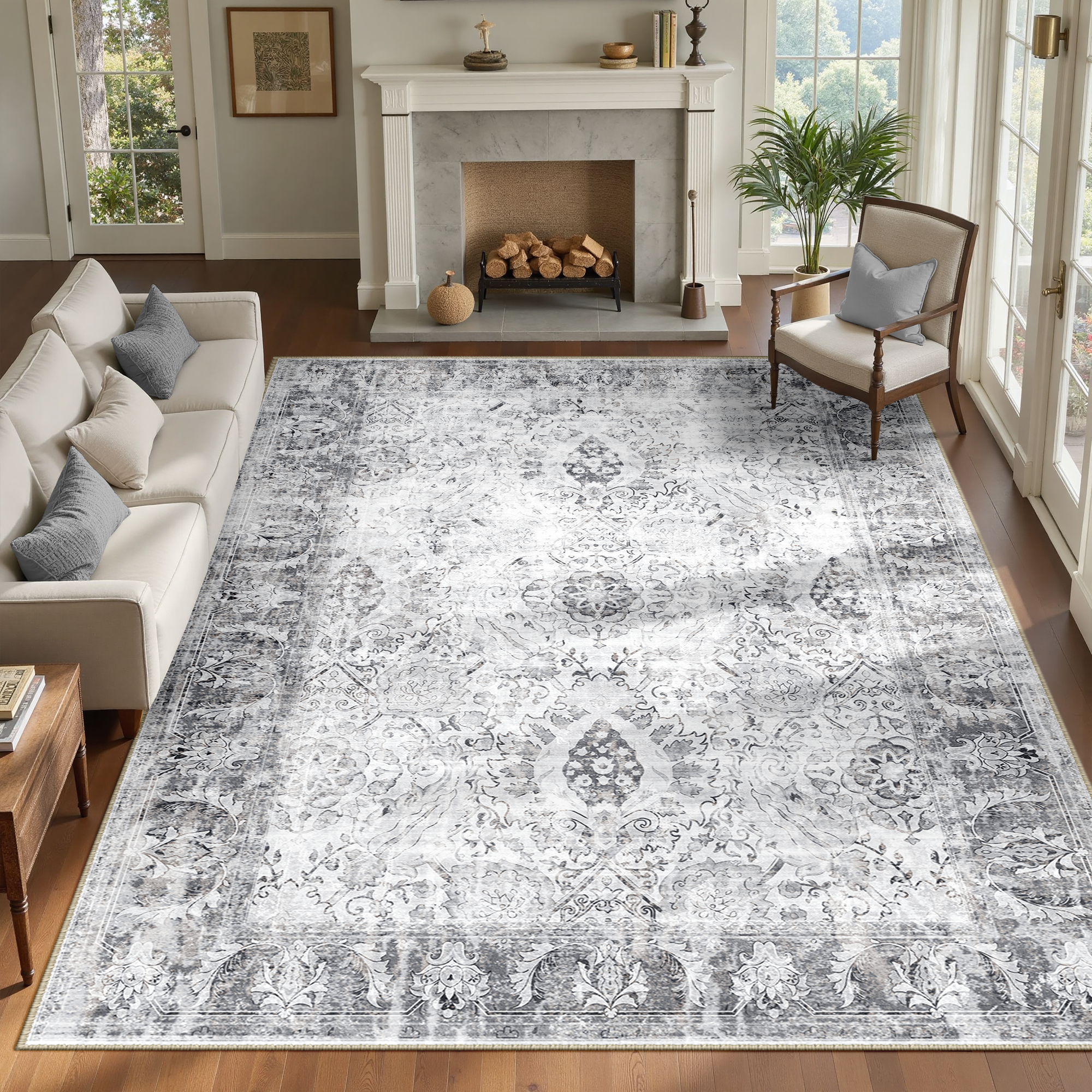Boho Area Rug 8'x10', Machine Washable Non-Slip Vintage Bohemian Carpet, Indoor Soft Stain Resistant Low Pile Rug for Living Room, Gray & Black
