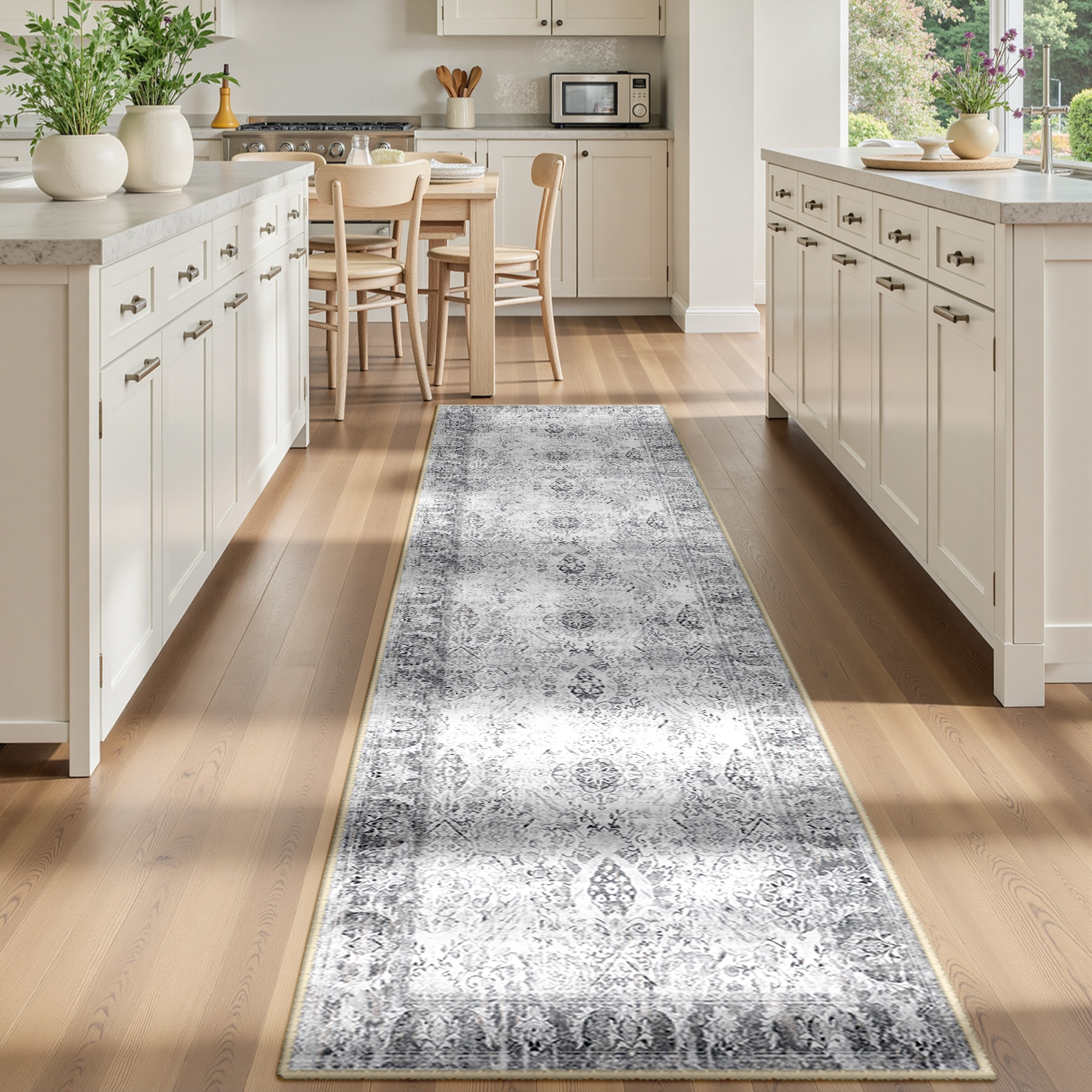 Boho Runner Rug 2'x10', Machine Washable Non-Slip Vintage Bohemian Carpet, Indoor Soft Stain Resistant Low Pile Rug for Hallway, Gray & Black