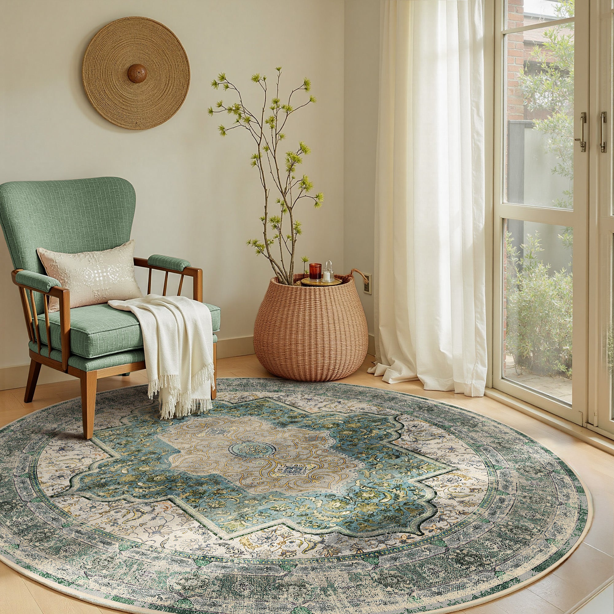 6FT Area Rugs for Living Room, Machine Washable No-Pile Non-Slip Soft Vintage Rugs, Indoor Print Bohemian Distressed Round Carpet, Green