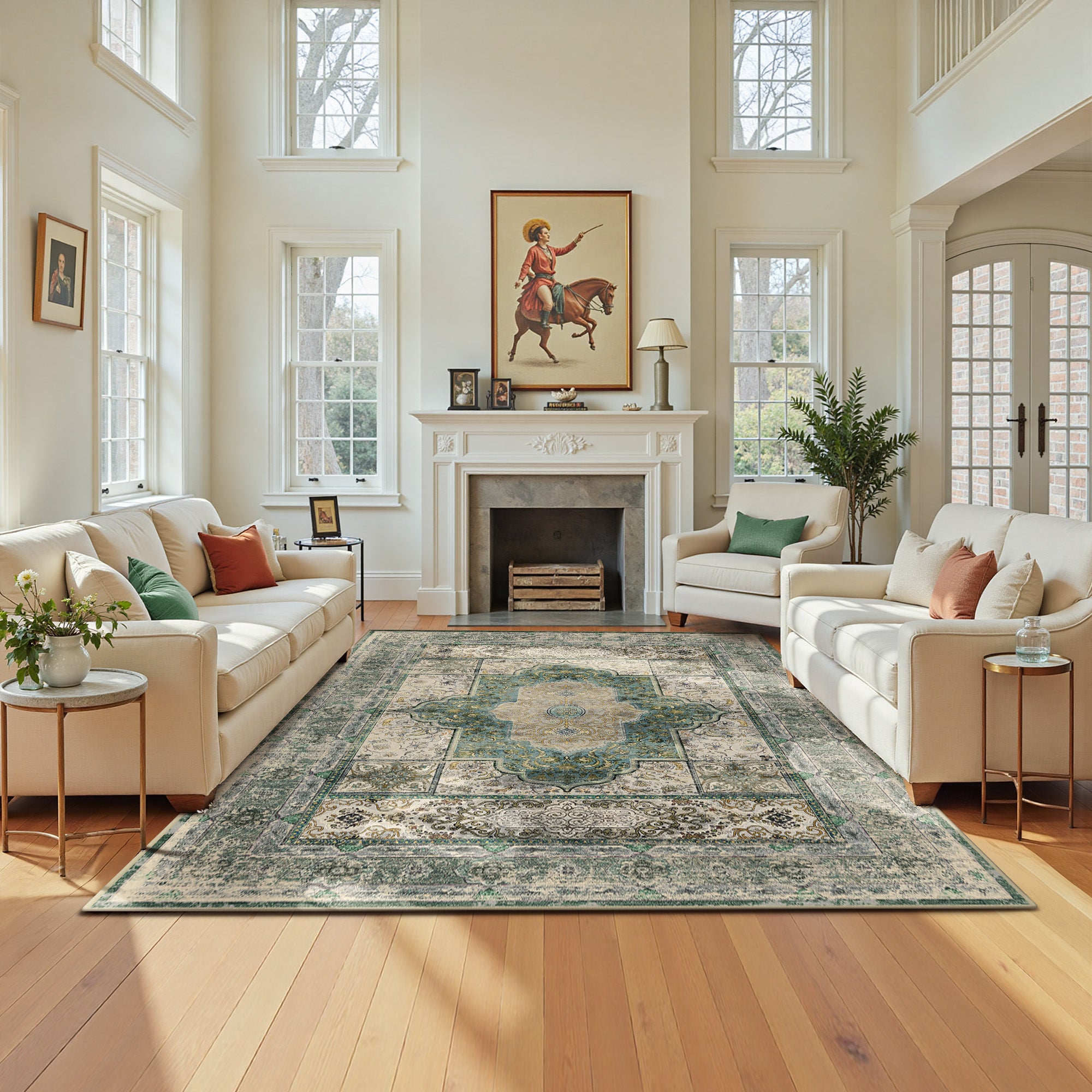 5'x7' Area Rugs for Living Room, Machine Washable No-Pile Non-Slip Soft Vintage Rugs, Indoor Print Bohemian Distressed Carpet, Green