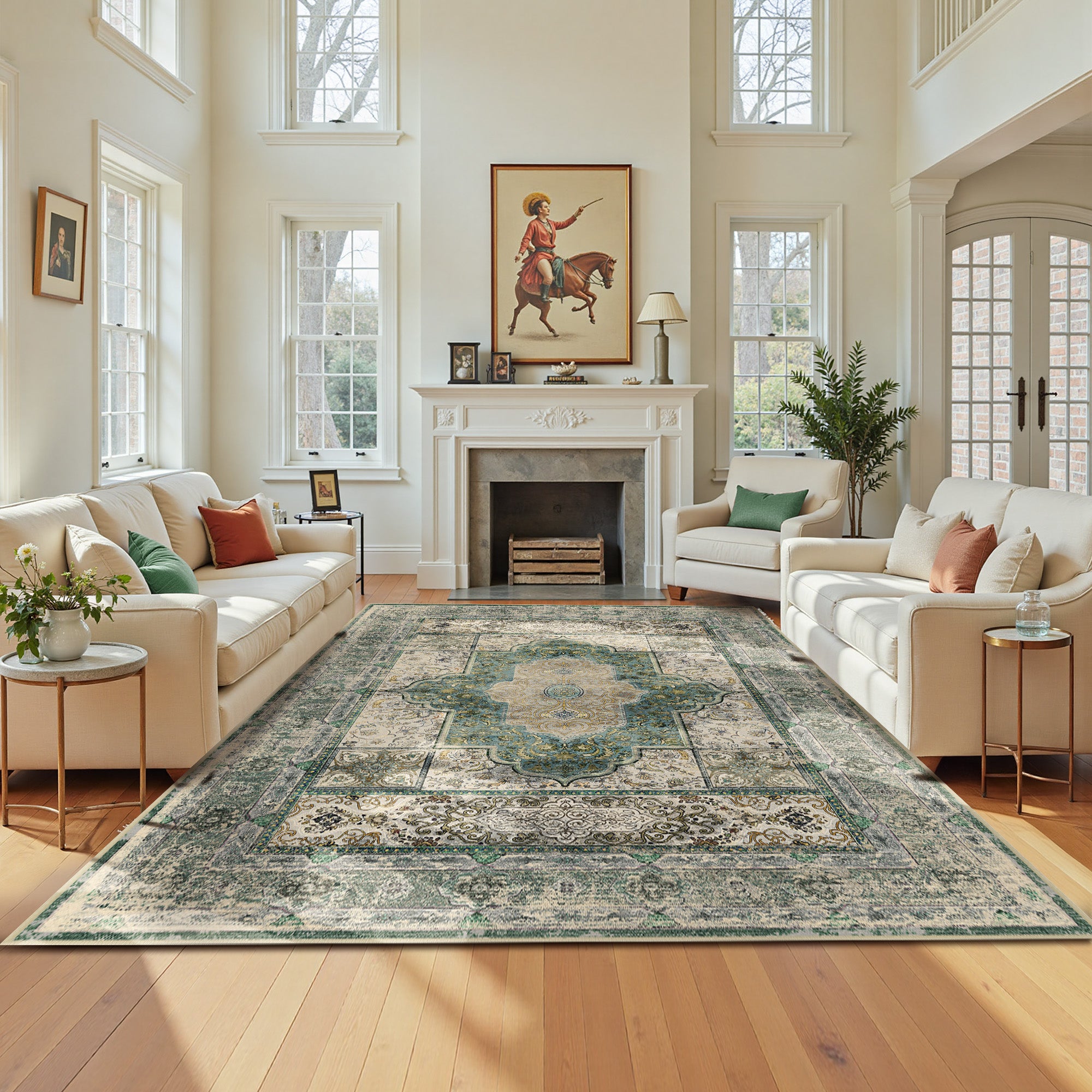 6'x9' Area Rugs for Living Room, Machine Washable No-Pile Non-Slip Soft Vintage Rugs, Indoor Print Bohemian Distressed Carpet, Green