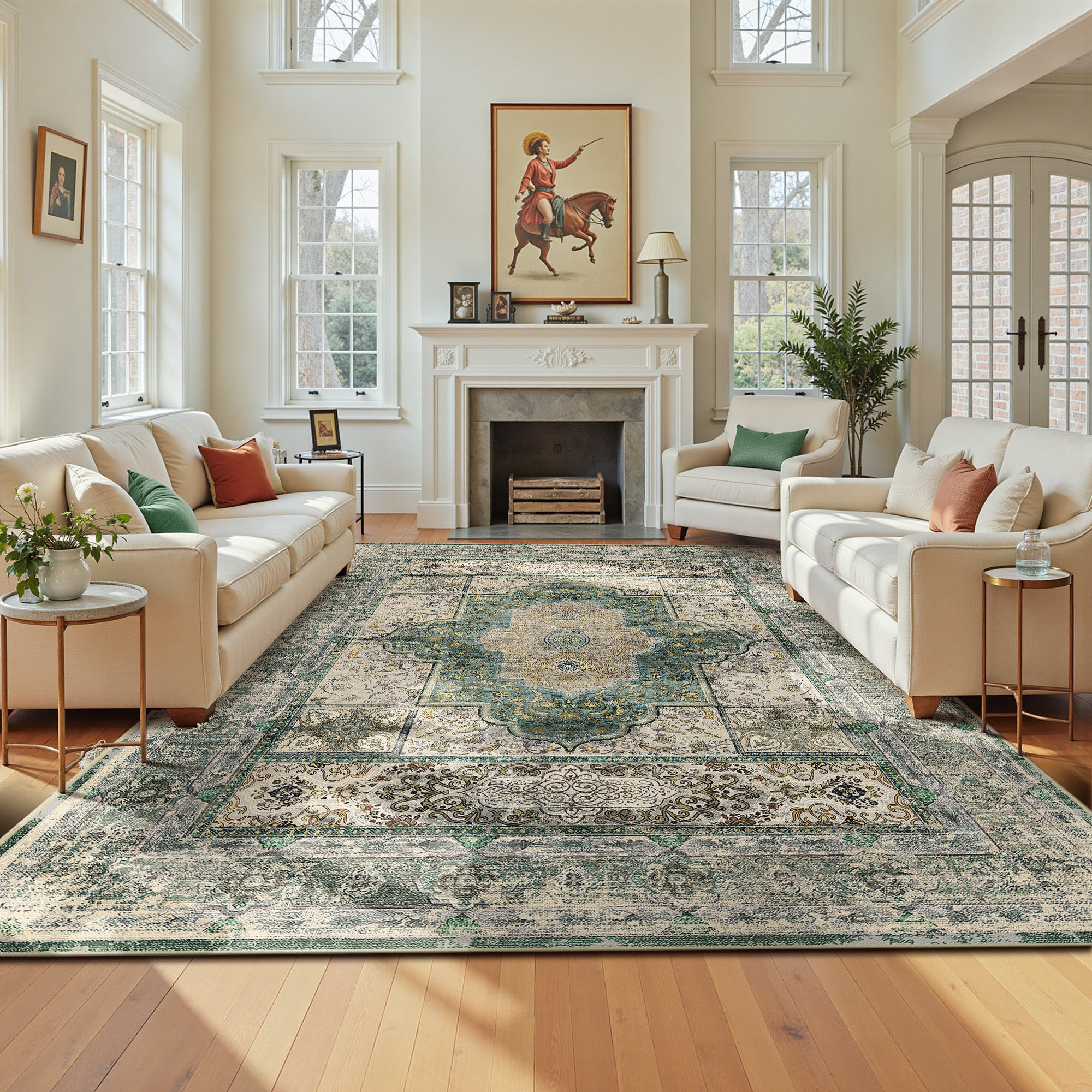 8'x10' Area Rugs for Living Room, Machine Washable No-Pile Non-Slip Soft Vintage Rugs, Indoor Print Bohemian Distressed Carpet, Green