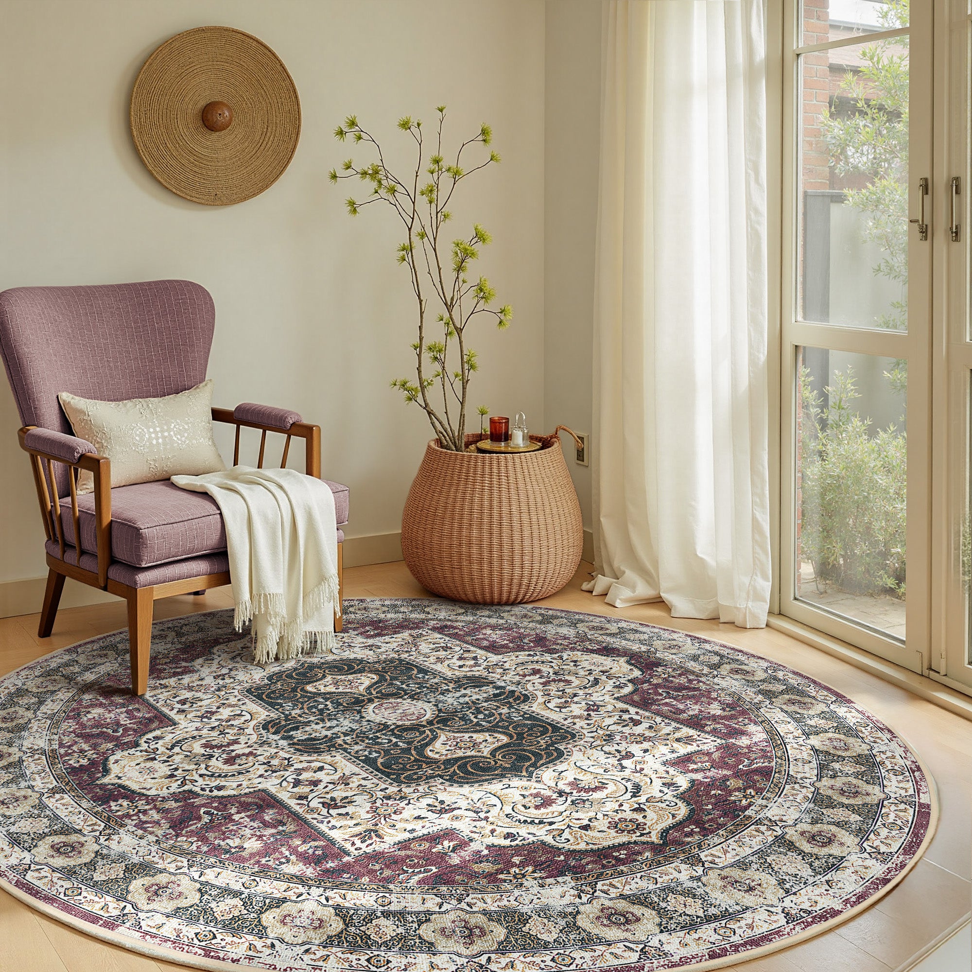 6FT Area Rugs for Living Room, Machine Washable No-Pile Non-Slip Soft Vintage Rugs, Indoor Print Bohemian Distressed Round Carpet, Red