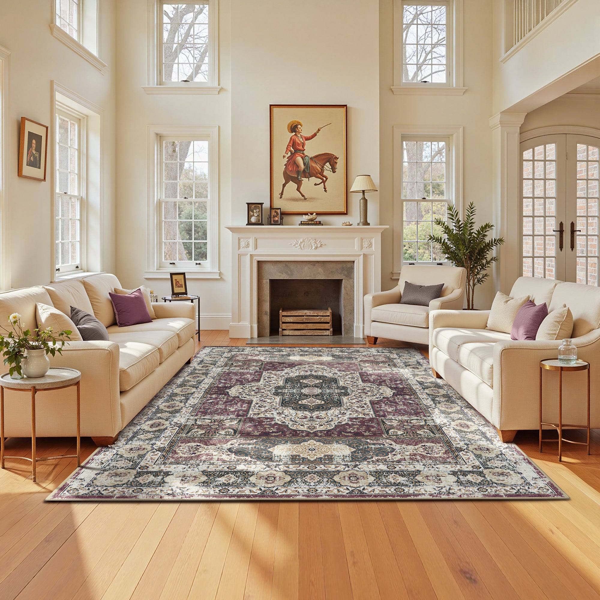 5'x7' Area Rugs for Living Room, Machine Washable No-Pile Non-Slip Soft Vintage Rugs, Indoor Print Bohemian Distressed Carpet, Red