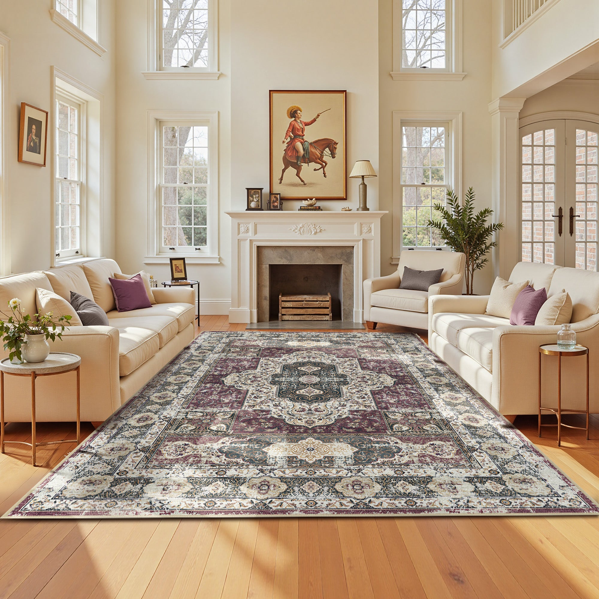 6'x9' Area Rugs for Living Room, Machine Washable No-Pile Non-Slip Soft Vintage Rugs, Indoor Print Bohemian Distressed Carpet, Red